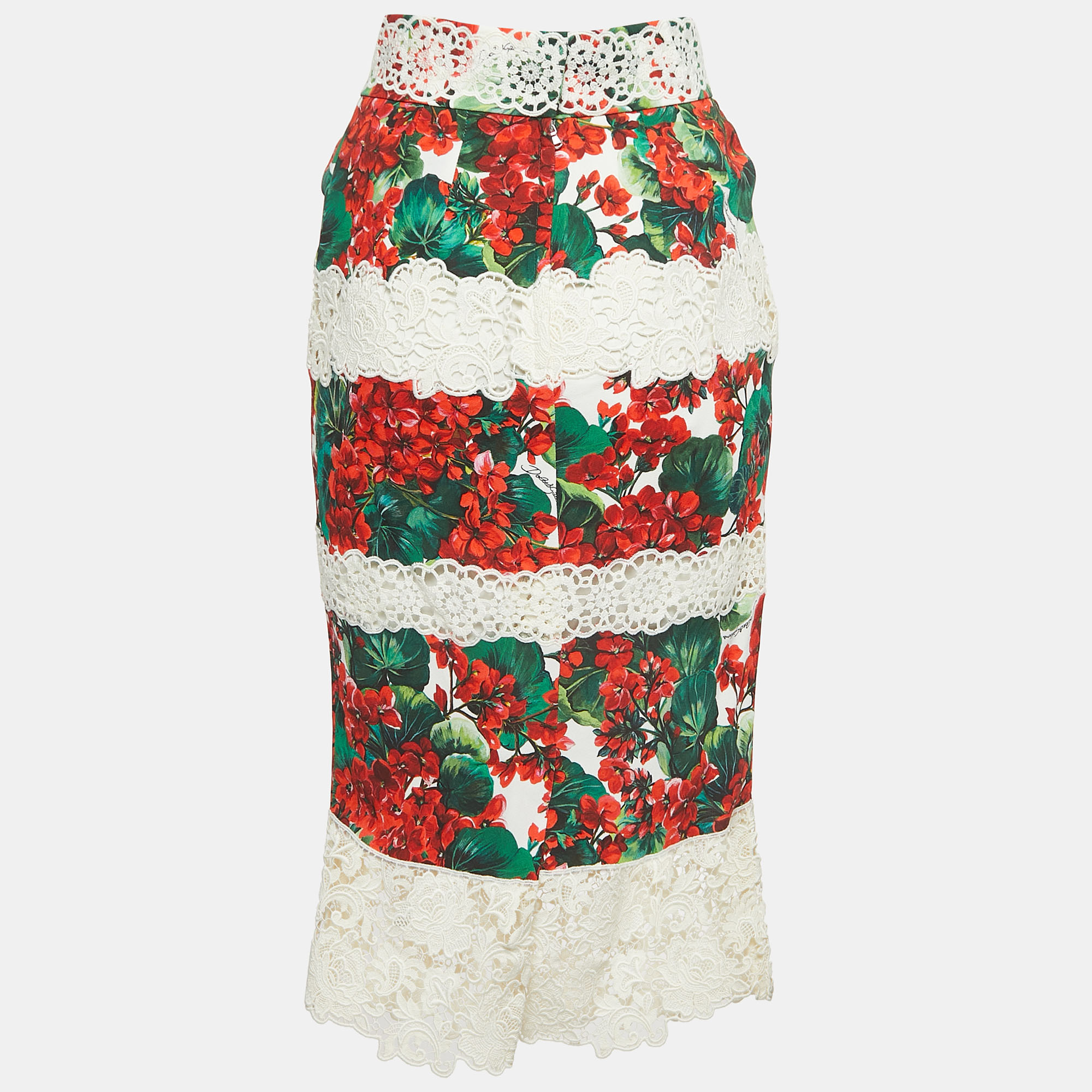 

Dolce & Gabbana Off White Floral Print Crepe Lace Trimmed Midi Skirt