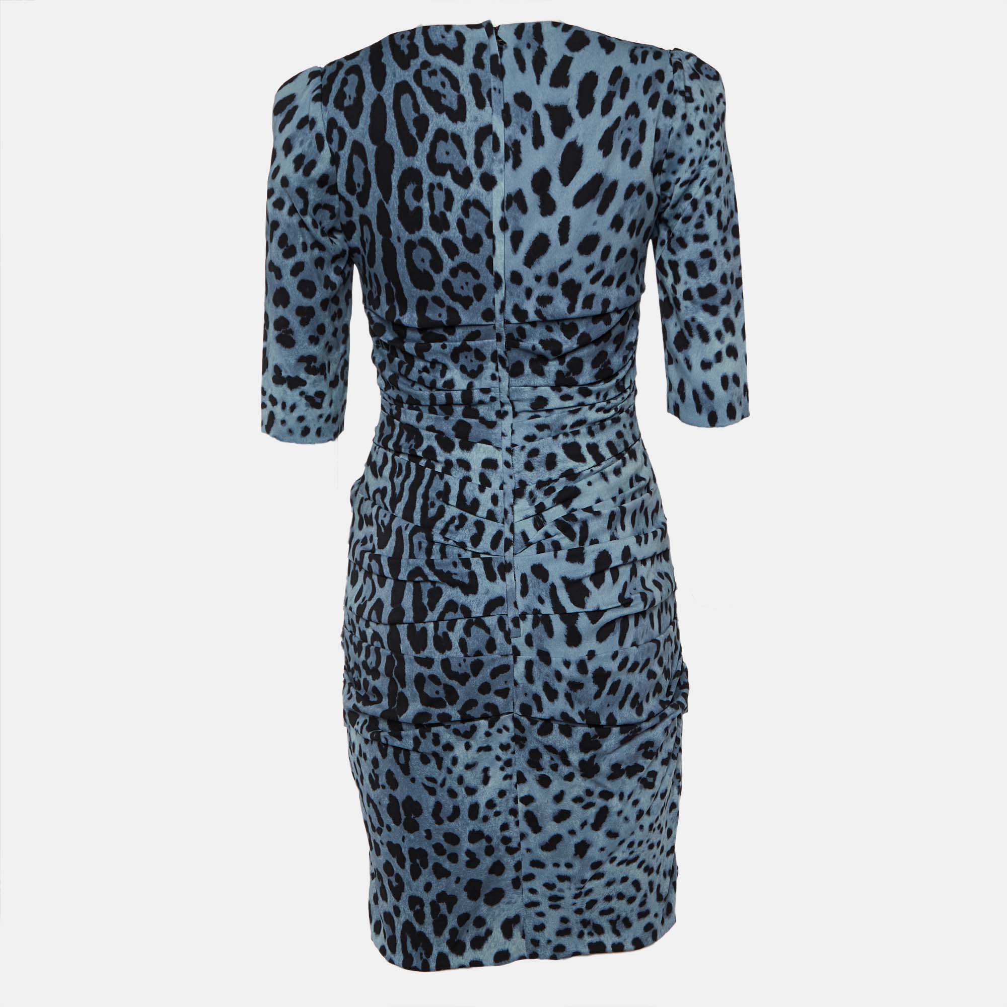 

Dolce & Gabbana Blue Animal Printed Silk Ruched Mini Dress