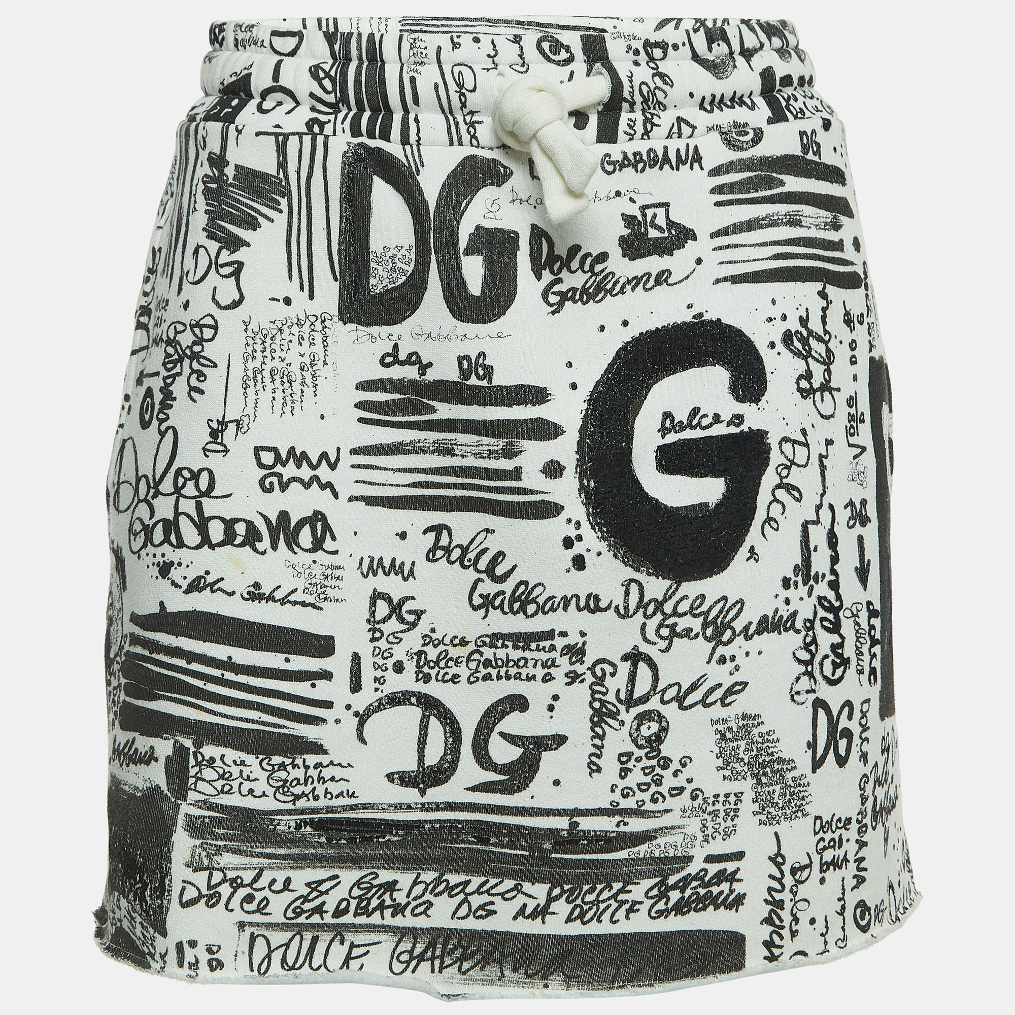 

Dolce & Gabbana White Graffiti Print Cotton Drawstring Mini Skirt