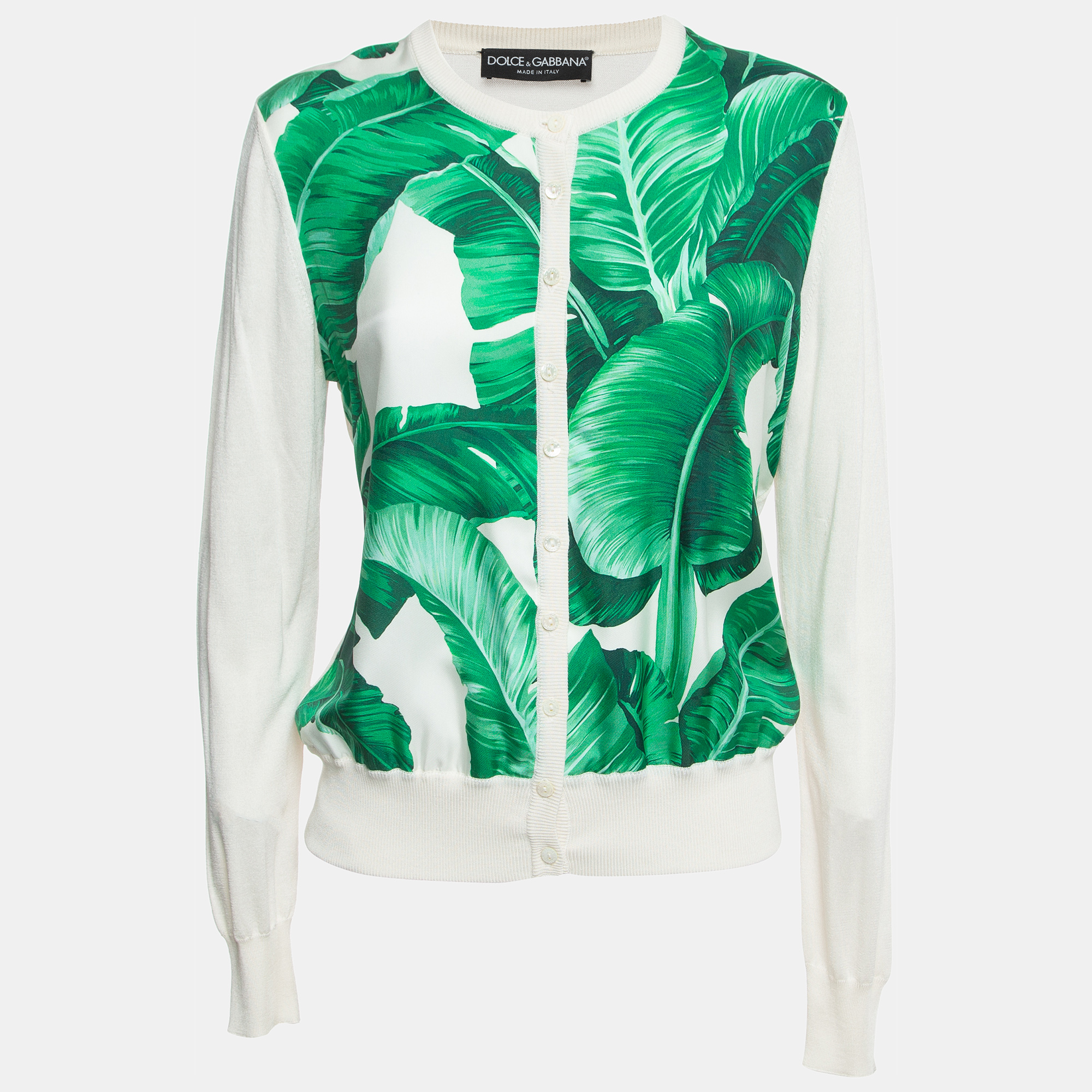 

Dolce & Gabbana Off-White Leaves Print Silk Buttoned Cardigan