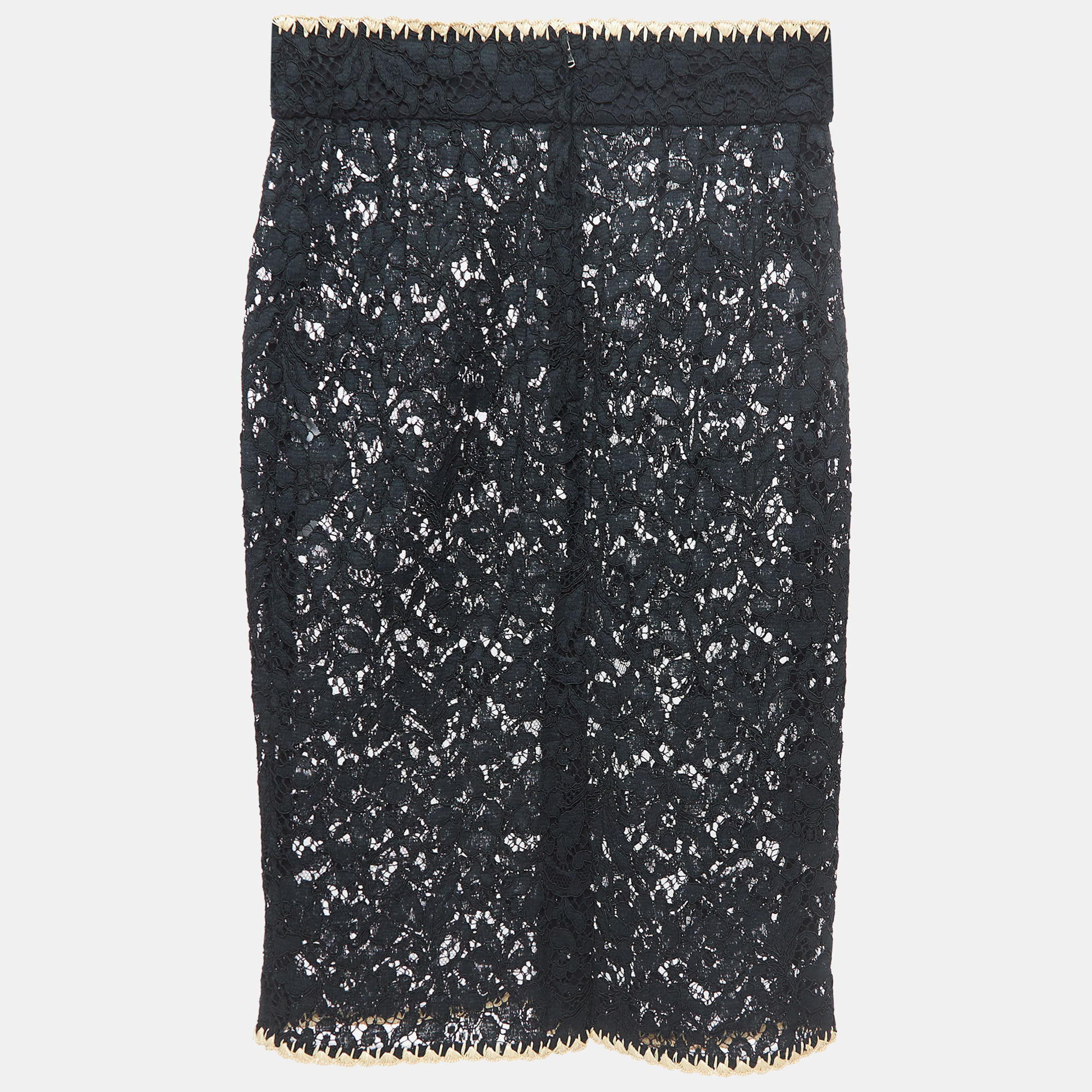 

Dolce & Gabbana Black Floral Lace Raffia Trimmed Midi Skirt
