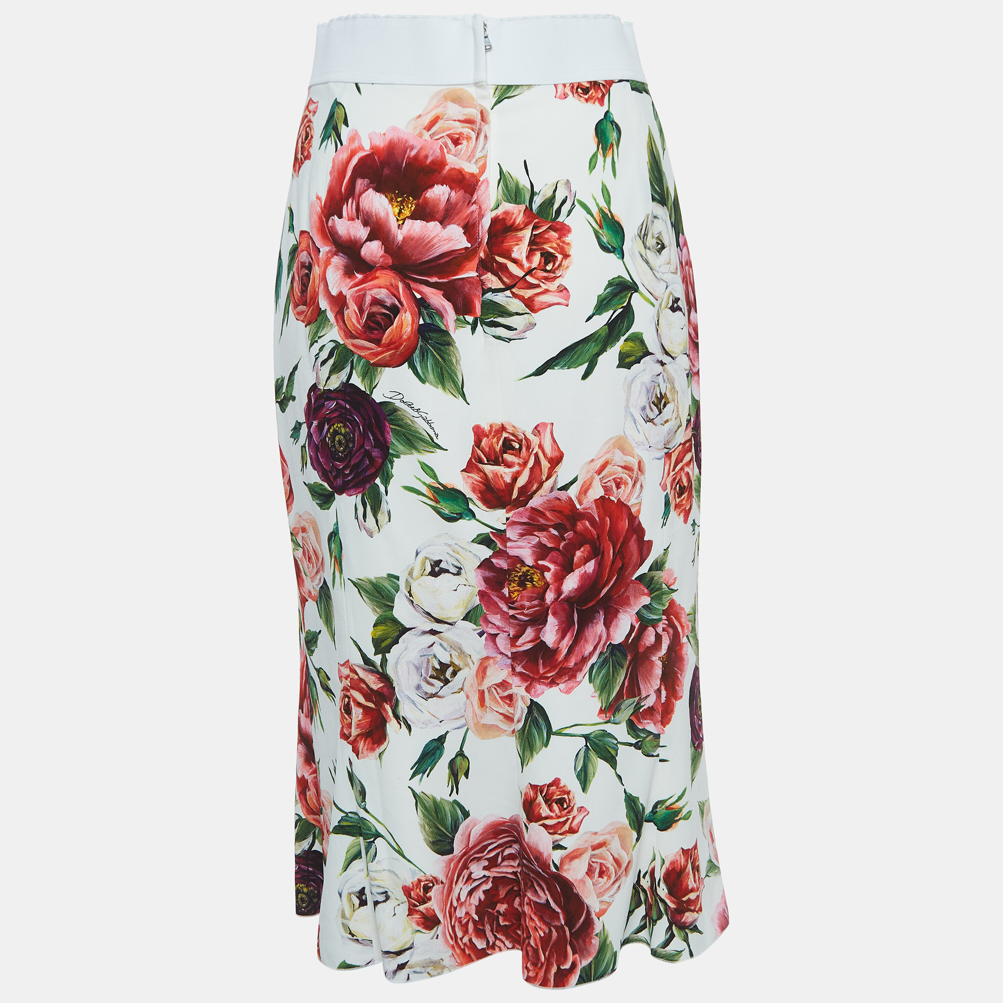 

Dolce & Gabbana White/Multicolor Floral Printed Crepe Midi Skirt