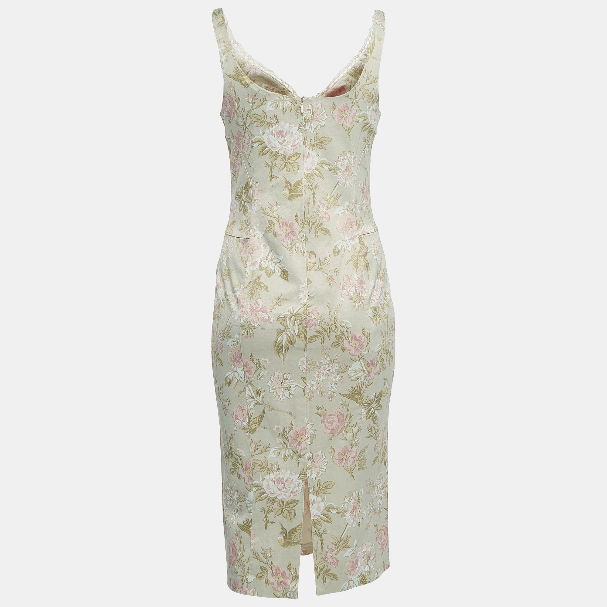 

D&G Sage Green Floral Print Silk Lace Accent Mini Dress S