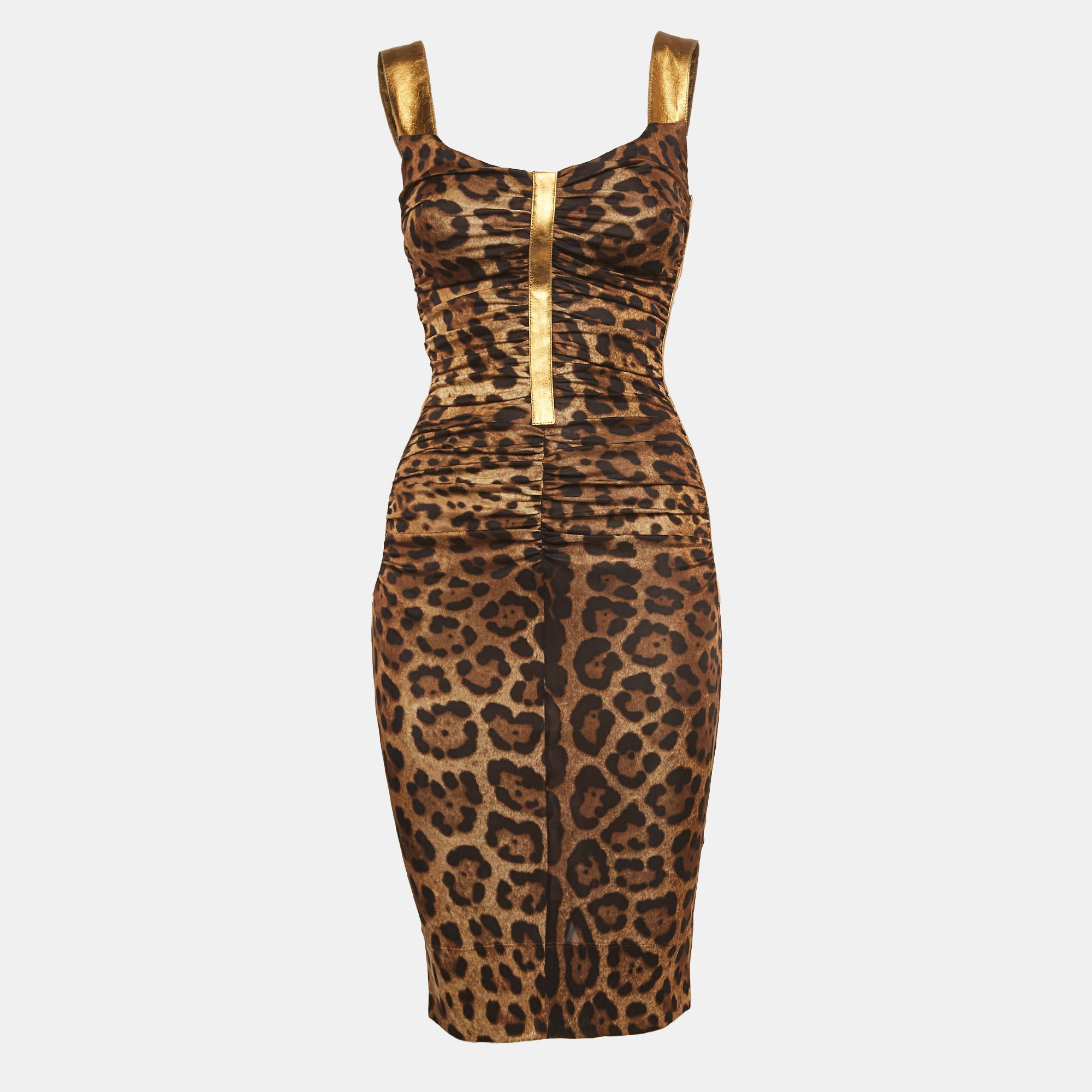 Pre-owned Dolce & Gabbana Brown Leopard Print Jersey Ruched Midi Dress S