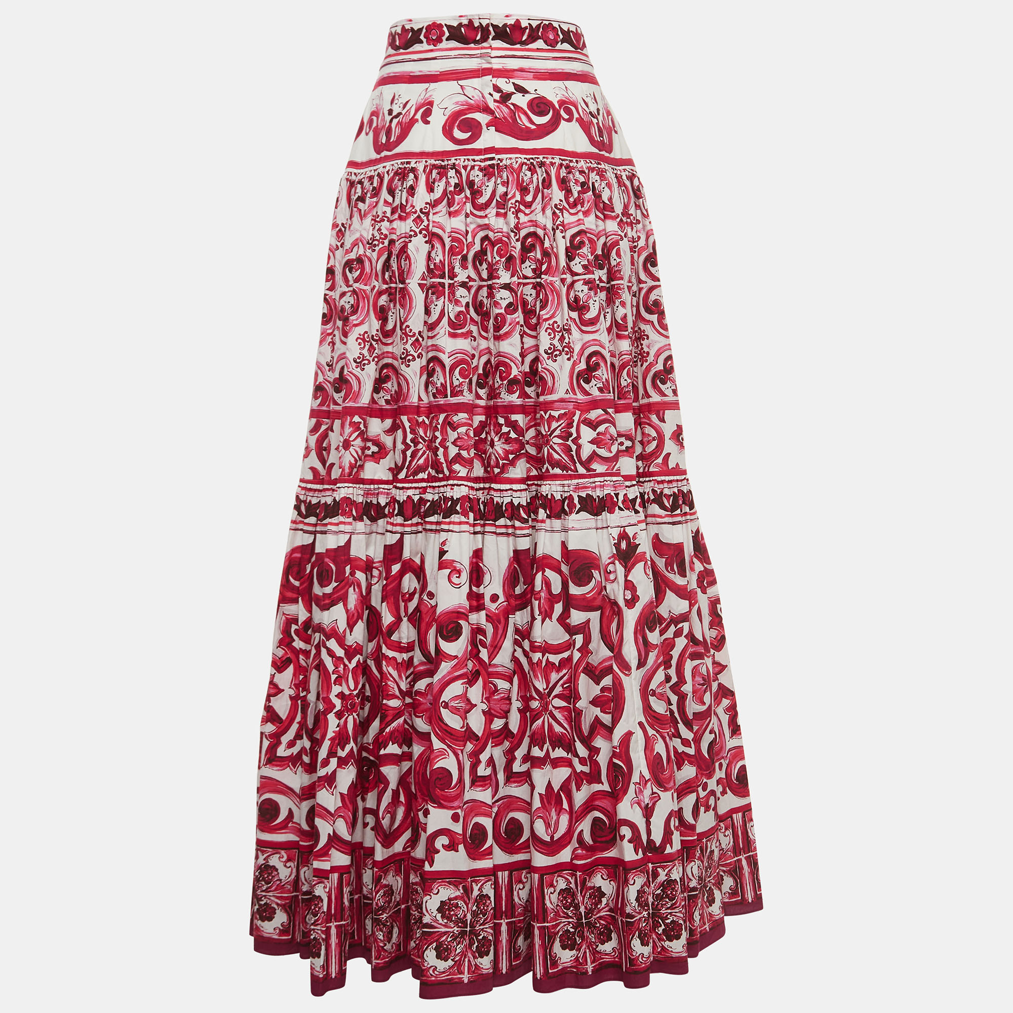 

Dolce & Gabbana White/Pink Majolica Print Cotton Poplin Maxi Skirt