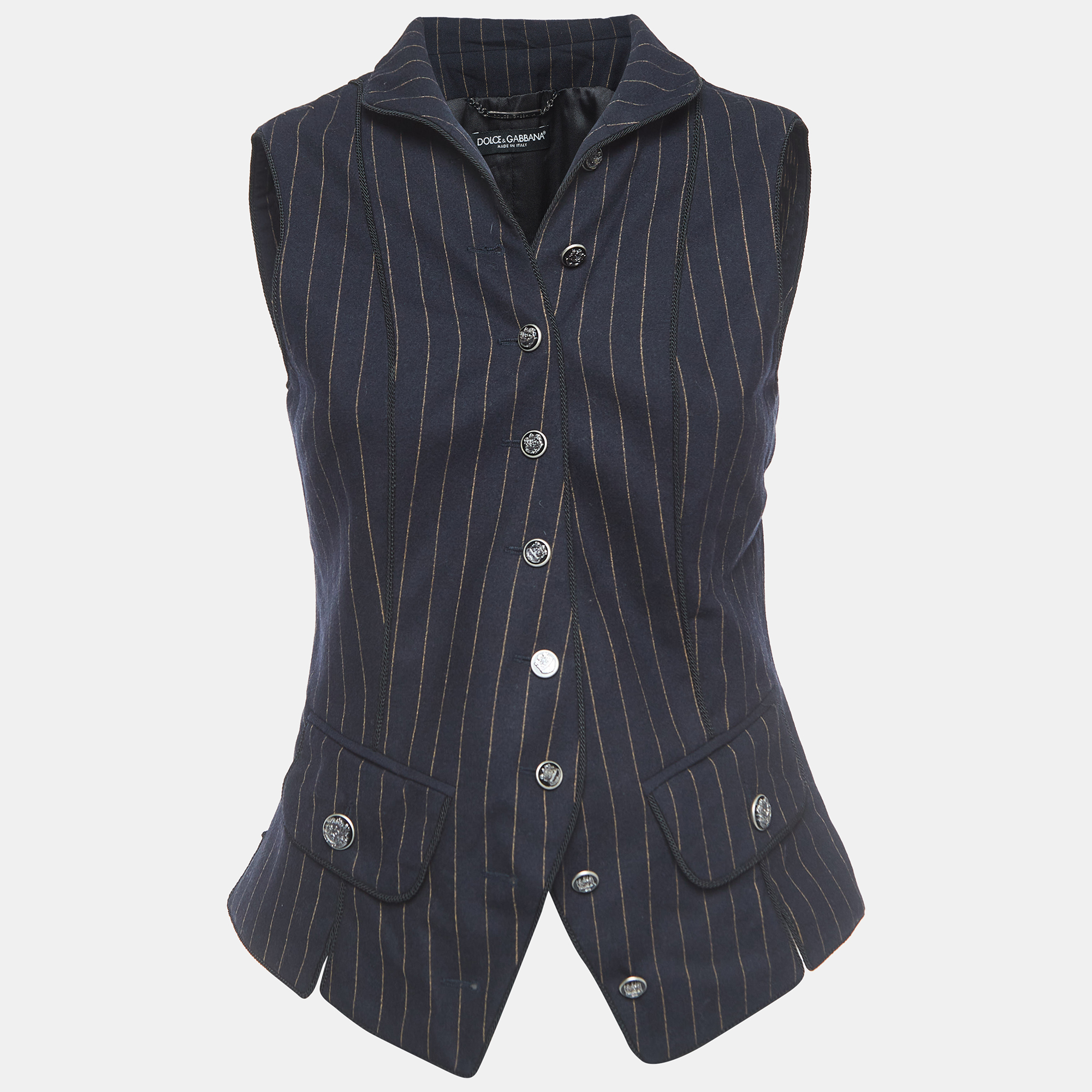 Pre-owned Dolce & Gabbana Navy Blue Striped Wool Buttoned Waistcoat M