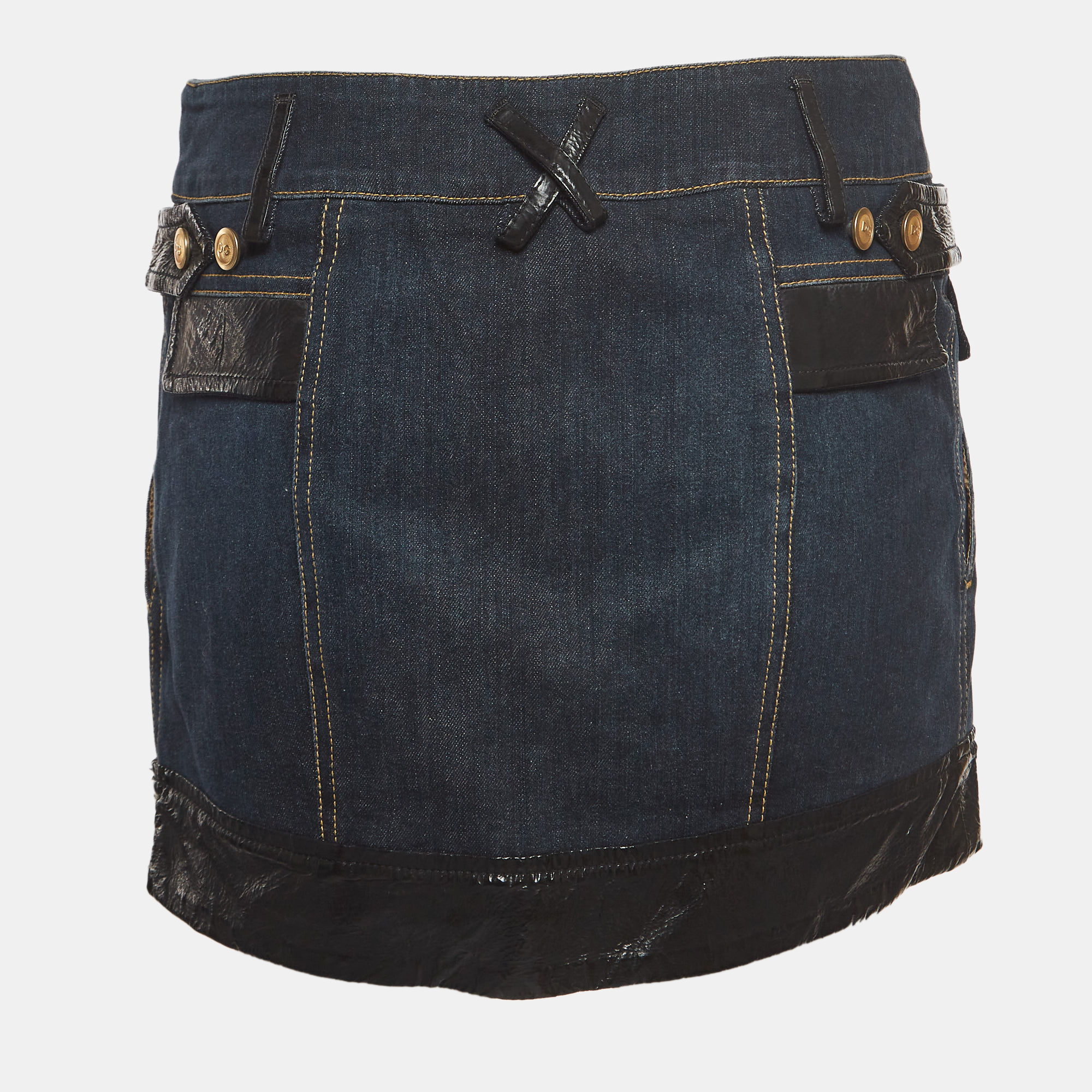 

Dolce & Gabbana Blue Denim and Faux Leather Trim Detail Mini Skirt