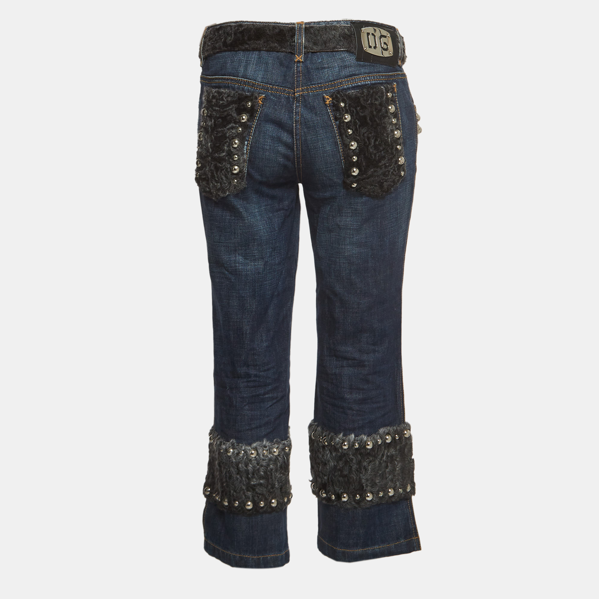 

Dolce & Gabbana Blue Denim and Fur Studded Detail Jeans  Waist 34