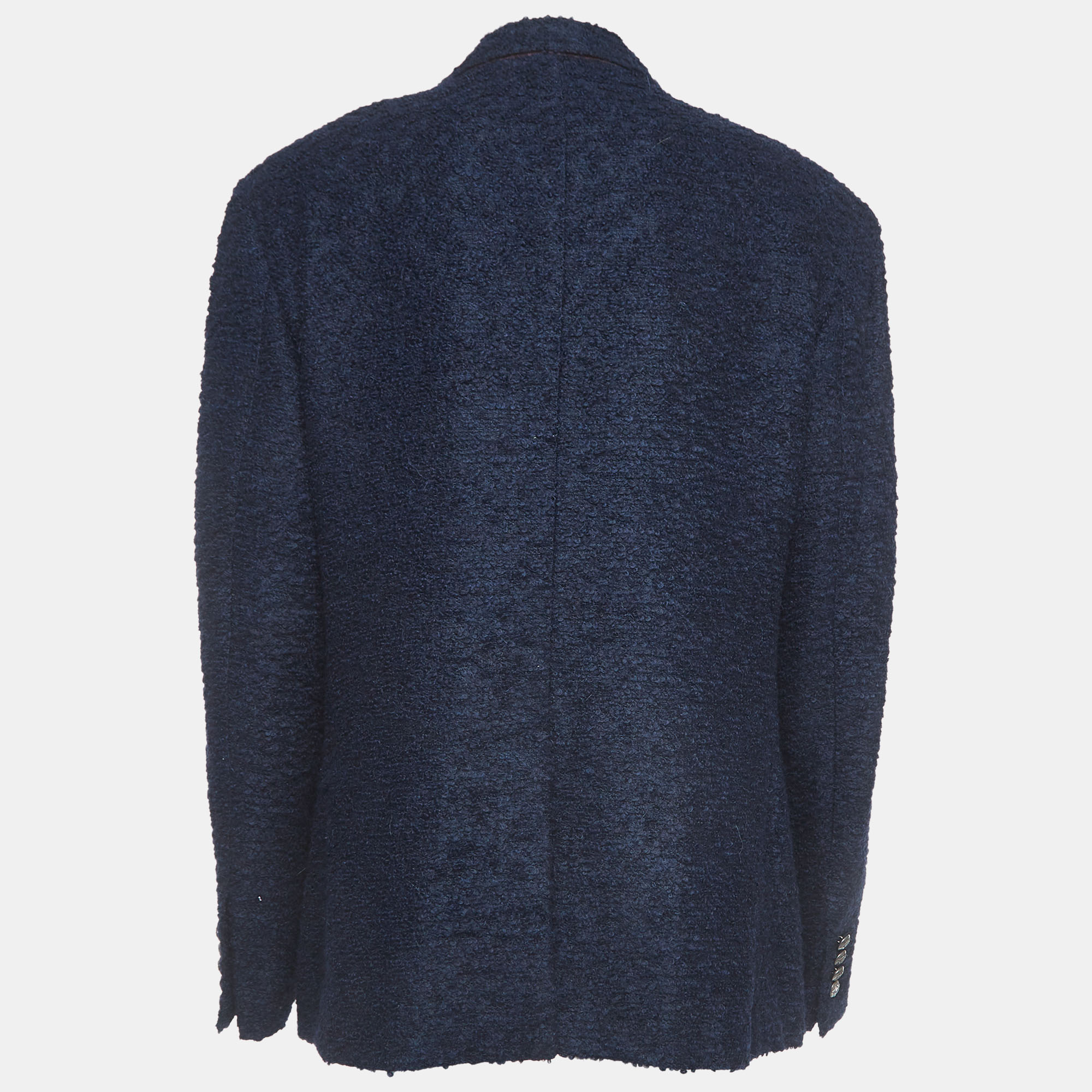 

Dolce & Gabbana Navy Blue Logo Embroidered Tweed Double Breasted Coat