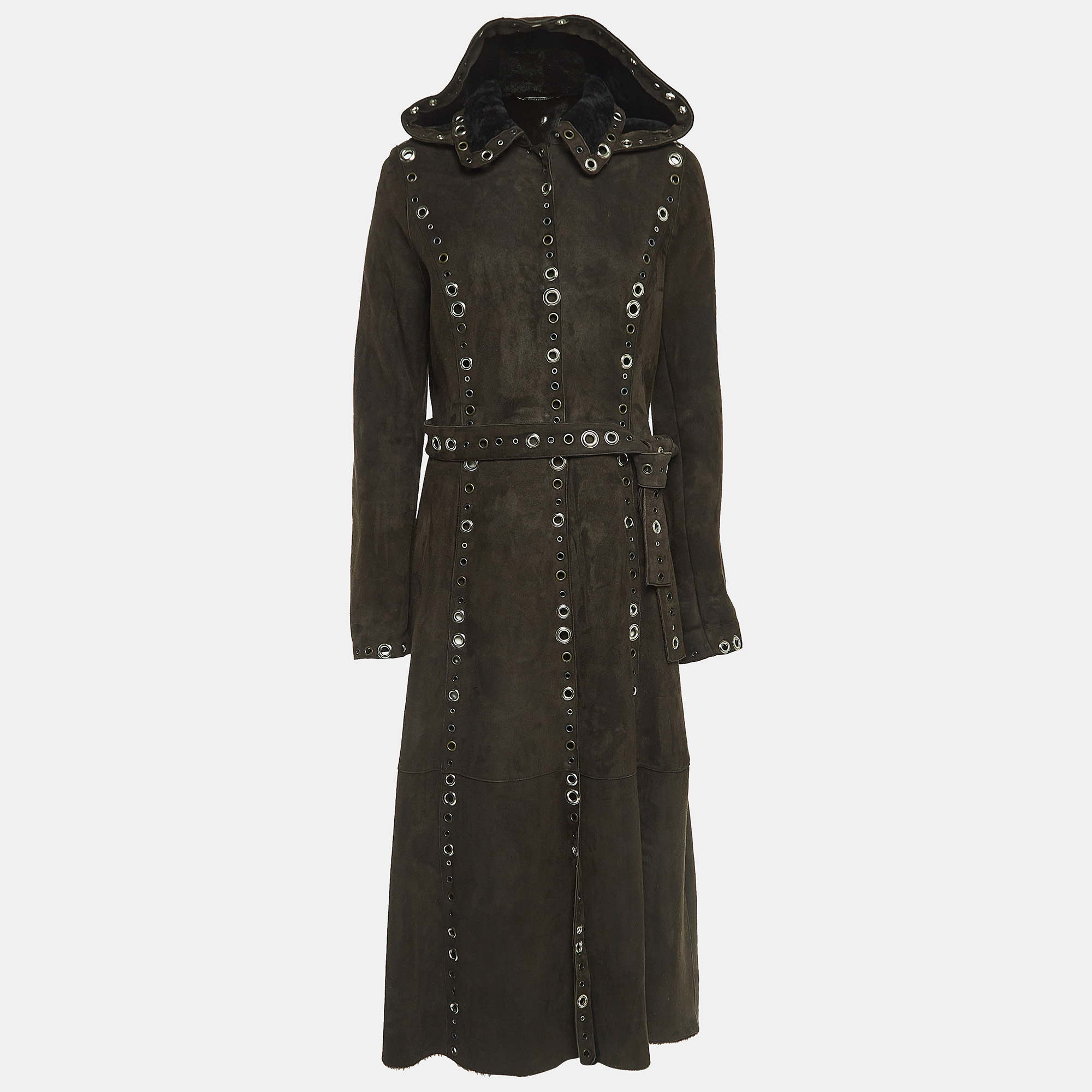 

Dolce & Gabbana Brown Suede and Fur Grommet Detail Hooded Trench Coat S