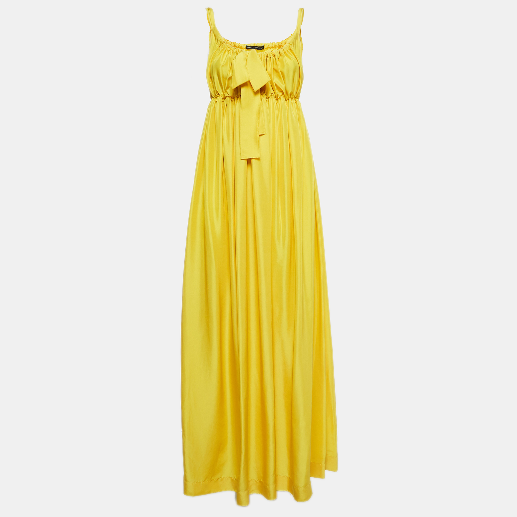 Pre Owned Dolce & Gabbana Yellow Satin Silk Gathered Tie-Up Neck Maxi Dress M