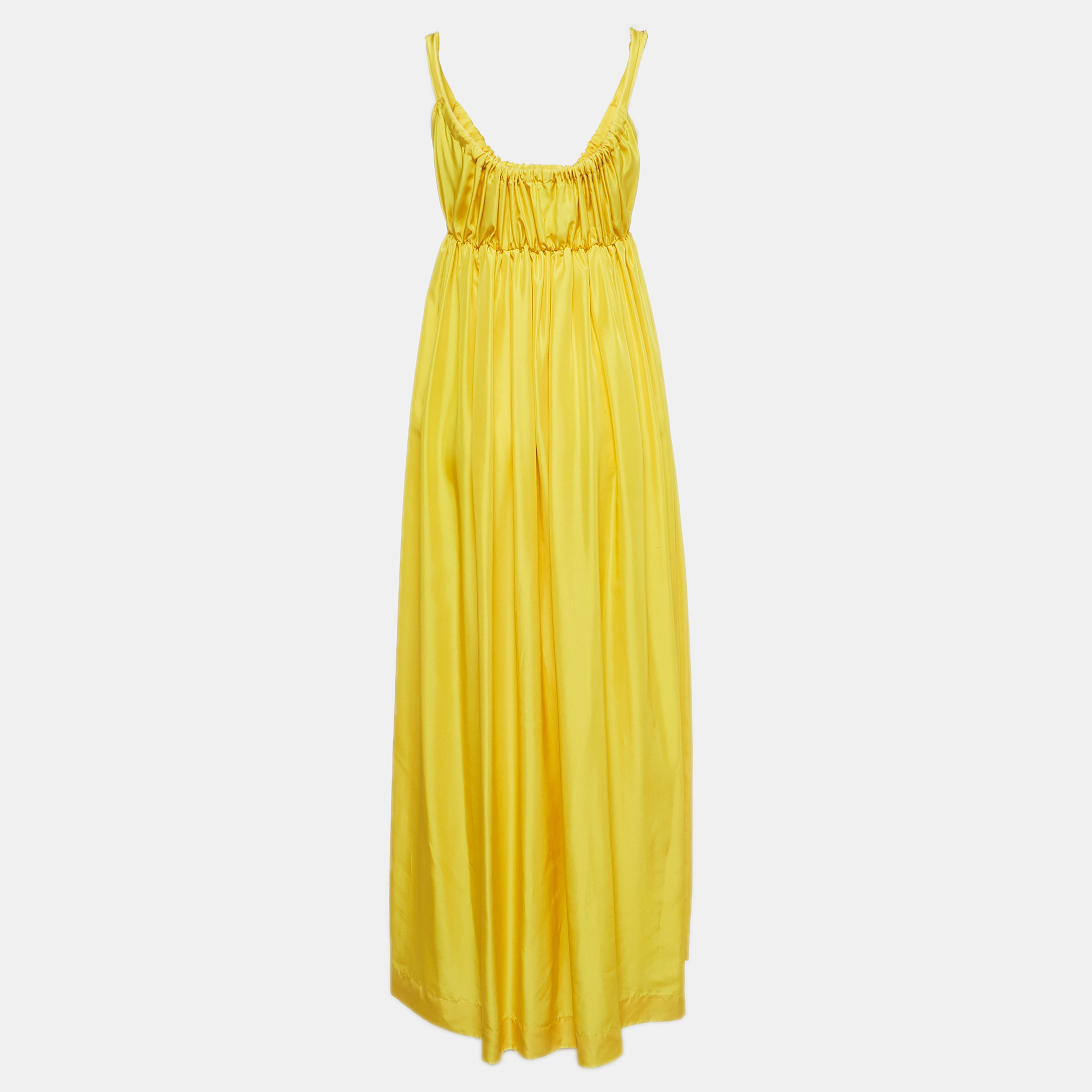 

Dolce & Gabbana Yellow Satin Silk Gathered Tie-Up Neck Maxi Dress
