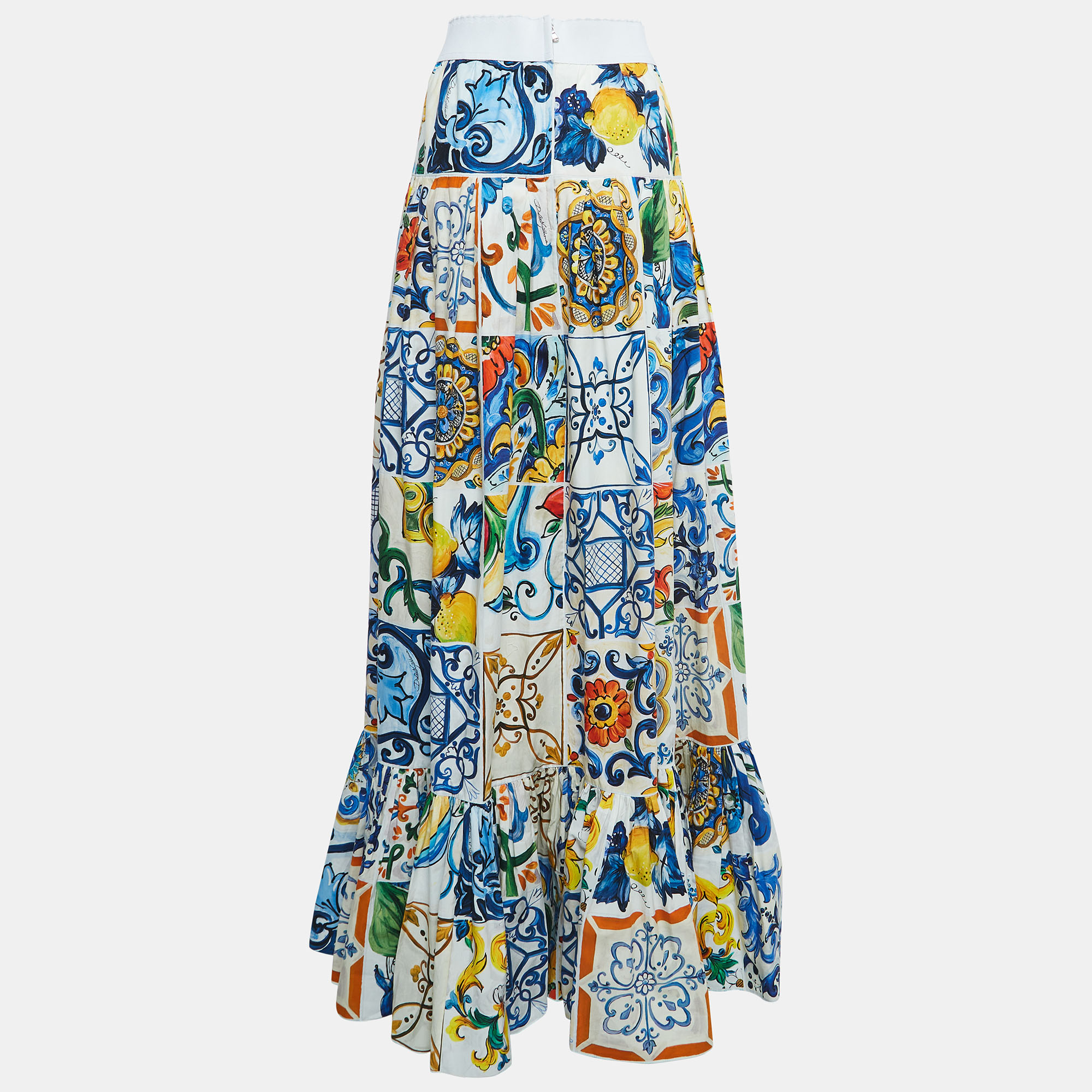 

Dolce & Gabbana Multicolor Majolica Print Tiered Cotton Maxi Skirt