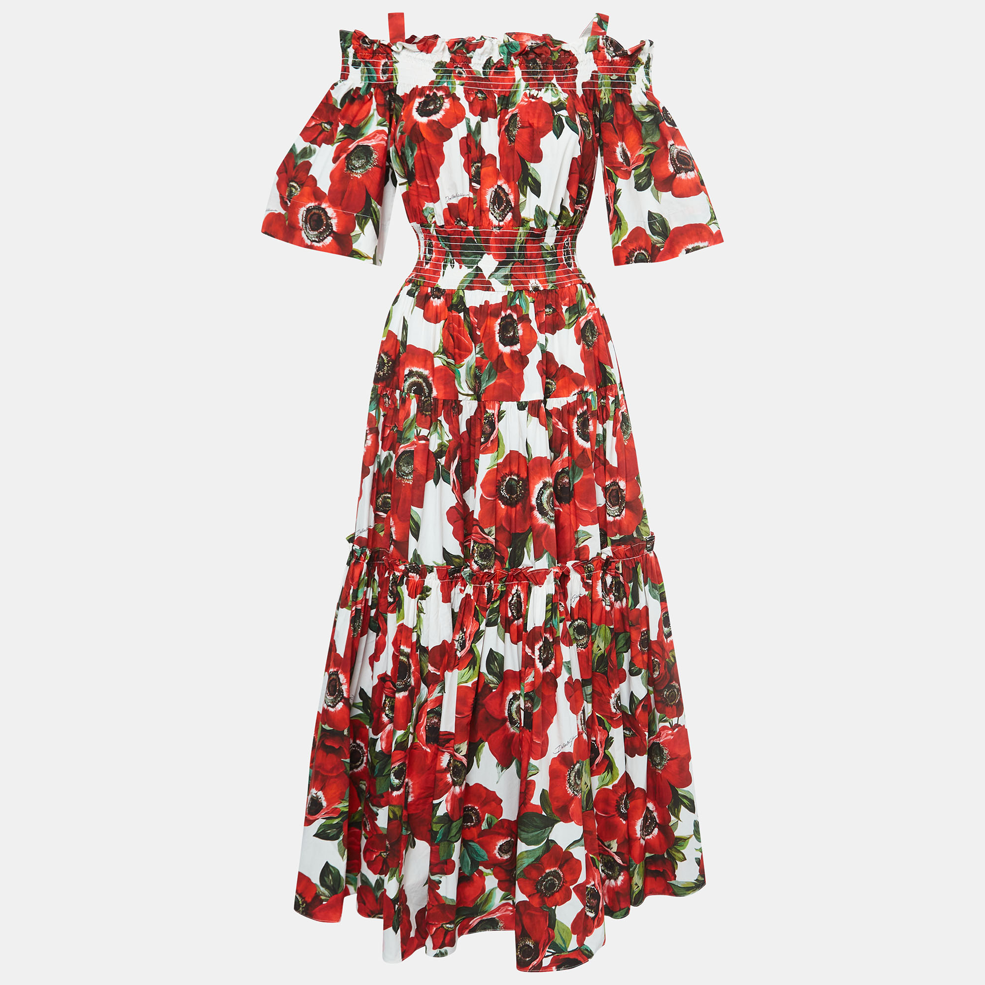 Pre Owned Dolce & Gabbana Red Floral Print Cotton Smocked Effect Tiered Maxi Dress M