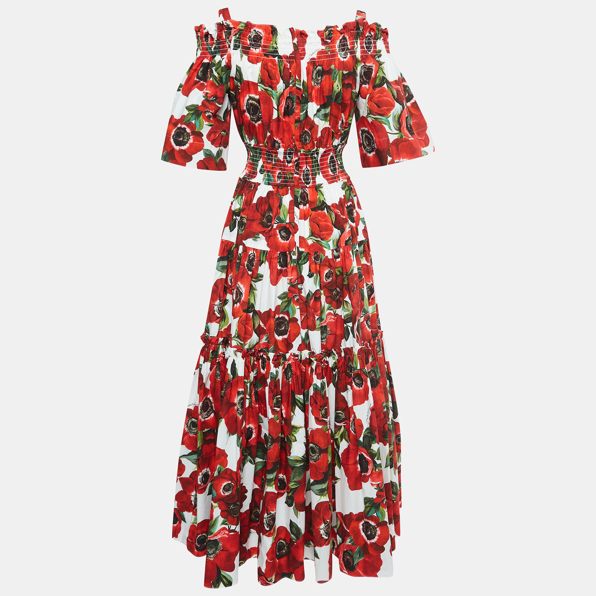 

Dolce & Gabbana Red Floral Print Cotton Smocked Effect Tiered Maxi Dress