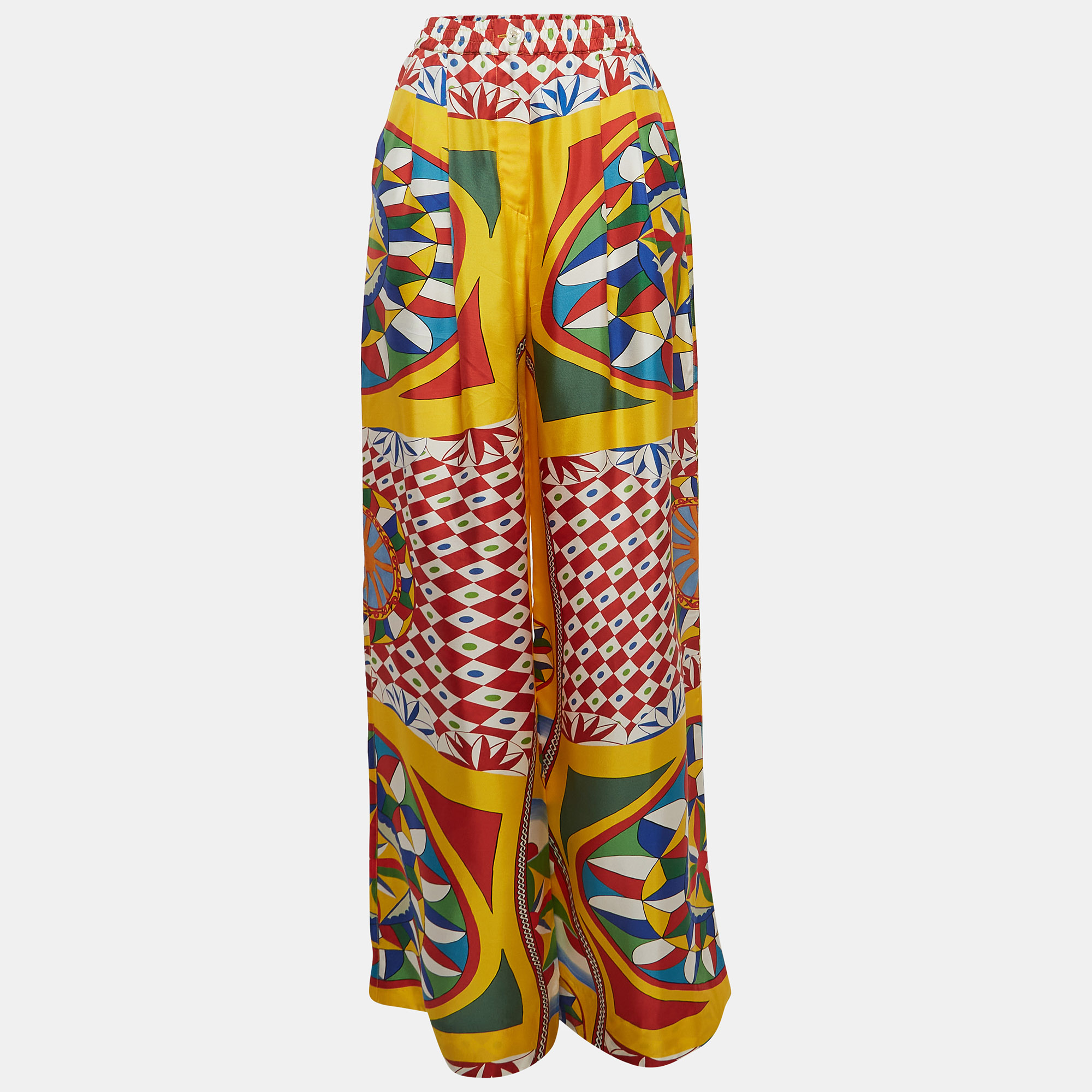 مملوكة مسبقًا Dolce & Gabbana Multicolor Carretto Print Silk High-Rise Palazzo Pants M