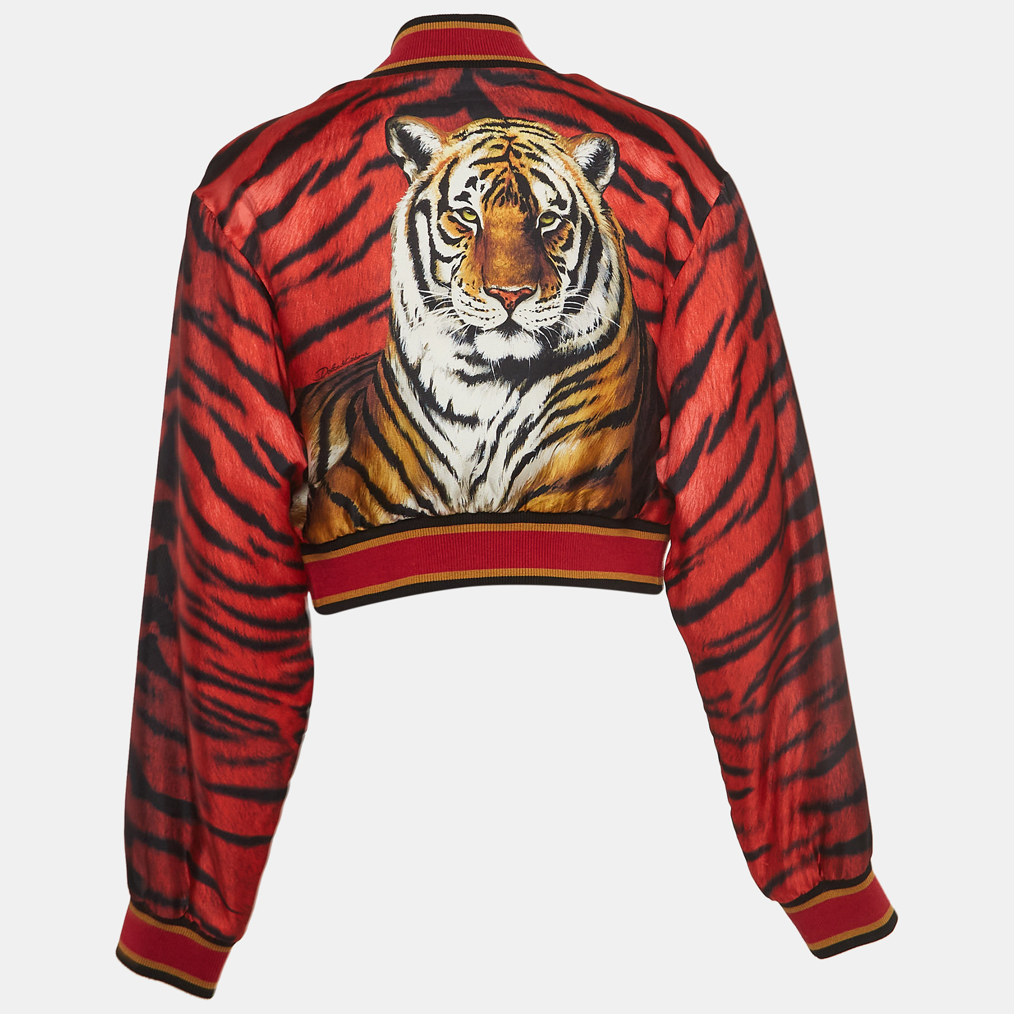 

Dolce & Gabbana Red Tiger Print Silk Cropped Bomber Jacket