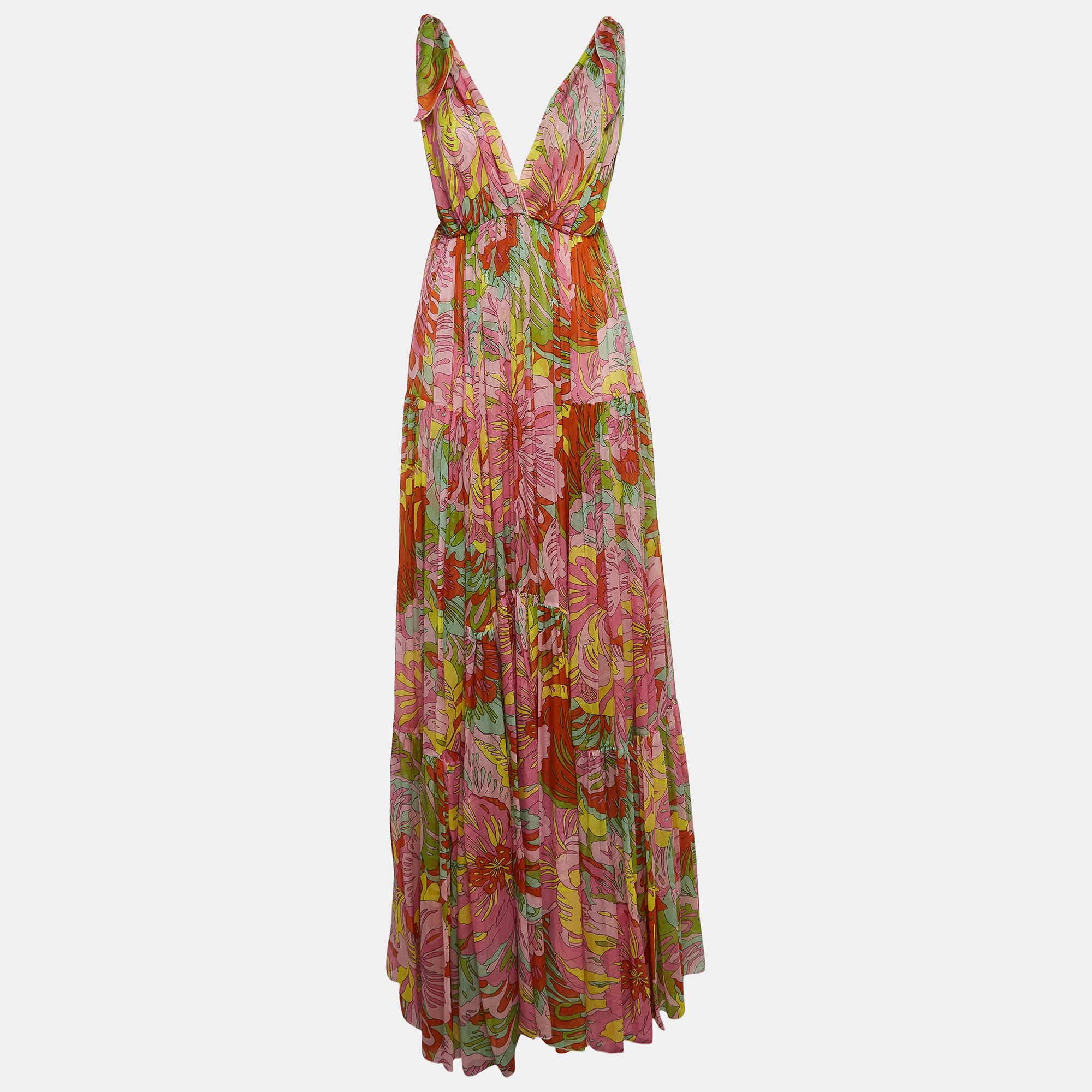 Pre-owned Dolce & Gabbana Pink Floral Print Silk Deep V-neck Tiered Maxi Dress M