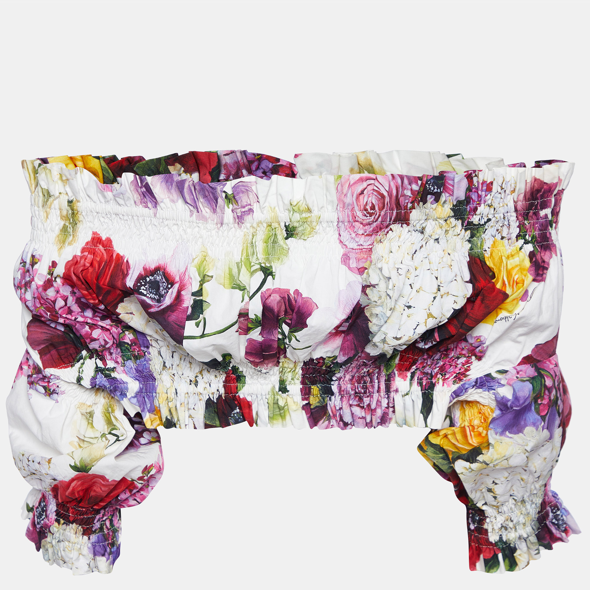 

Dolce & Gabbana White Floral Print Cotton Off-The-Shoulder Crop Top