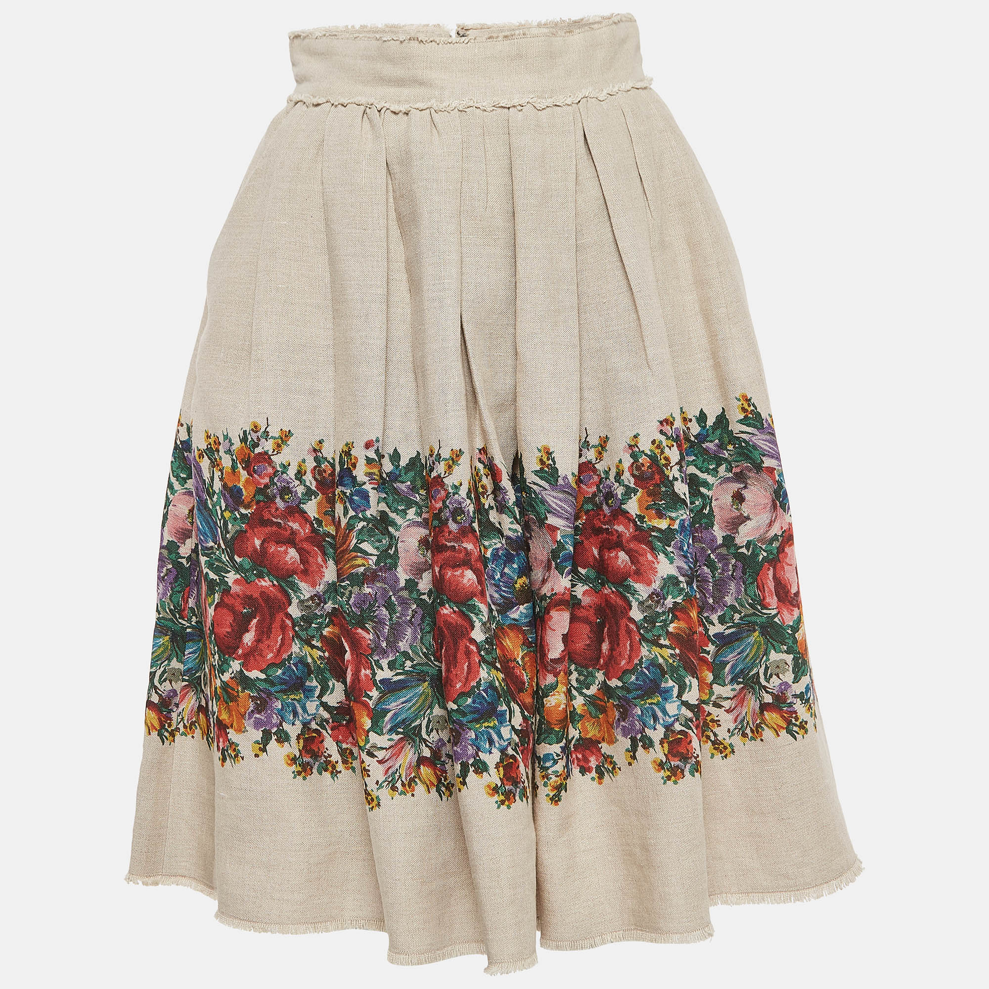 Pre-owned Dolce & Gabbana Brown Floral Print Linen Gathered Midi Skirt S