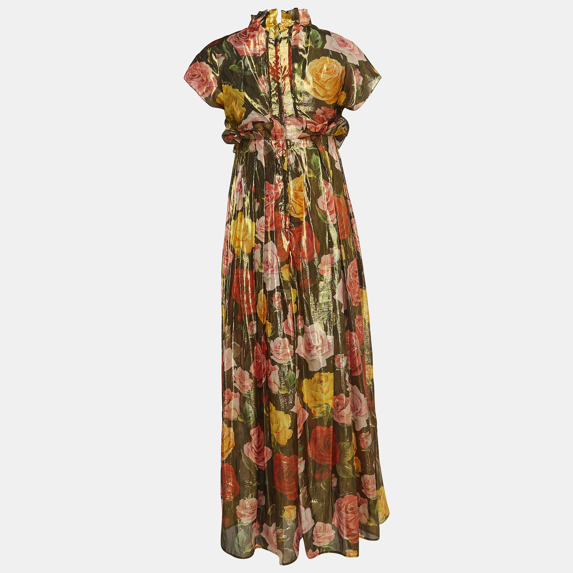 

Dolce & Gabbana Multicolor Floral Print Metallic Trim Silk Ruffled Midi Dress