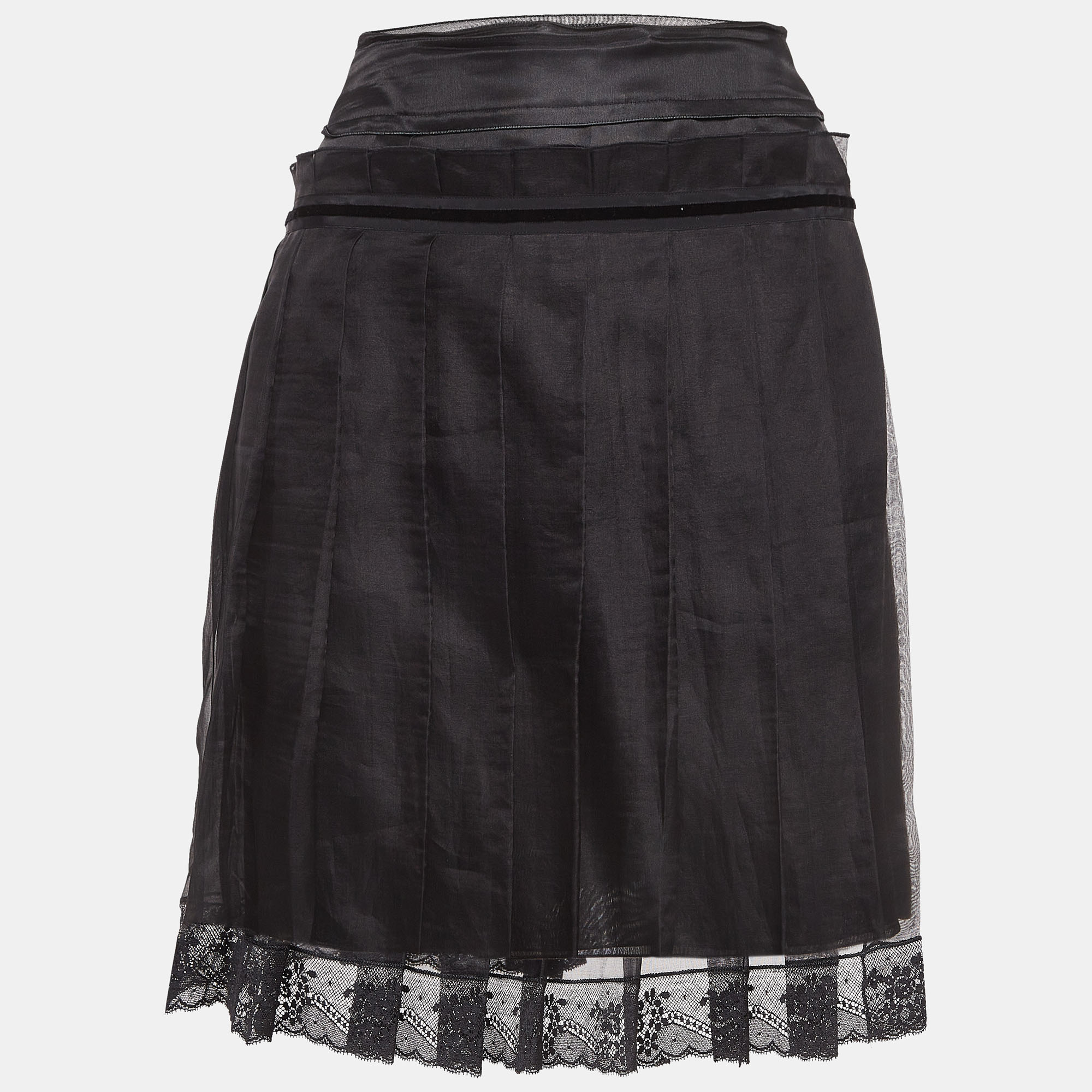 Pre-owned D & G Black Lace And Velvet Trim Silk Pleated Mini Skirt L
