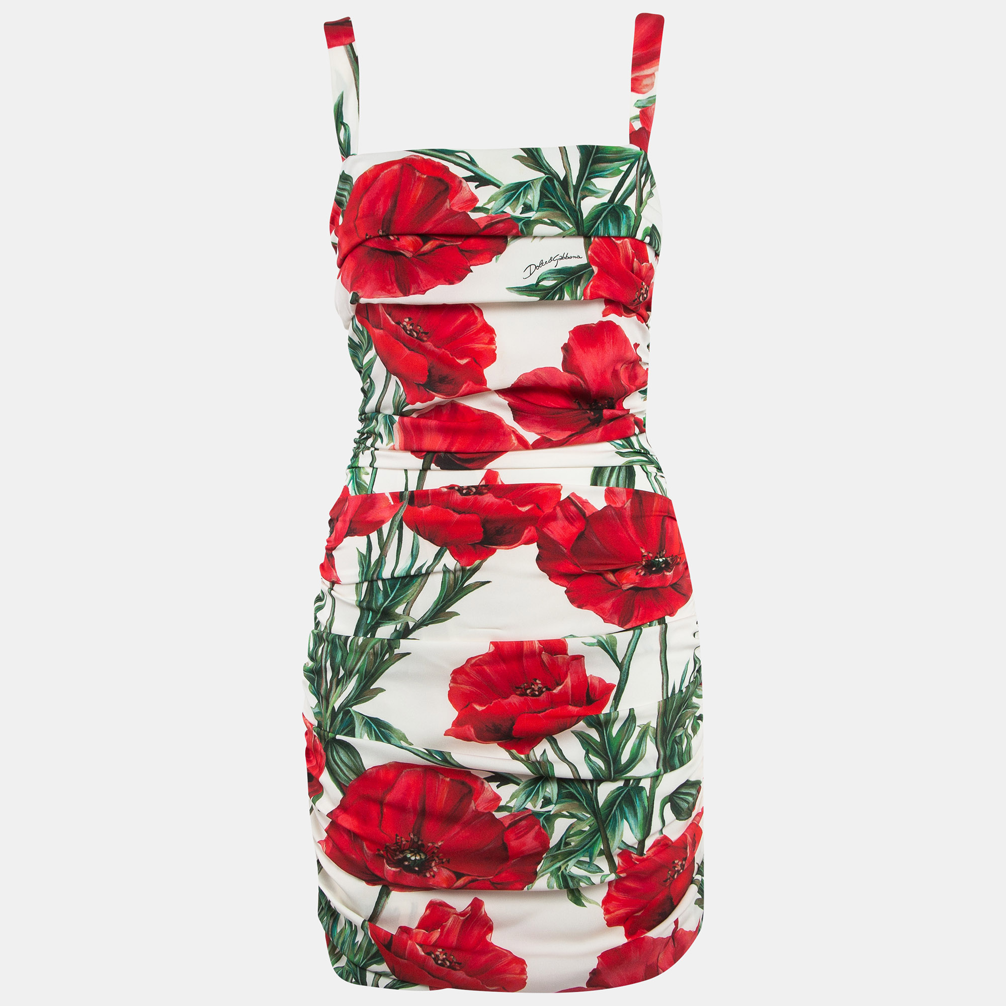 

Dolce & Gabbana White/Red Floral Print Silk Ruched Mini Dress