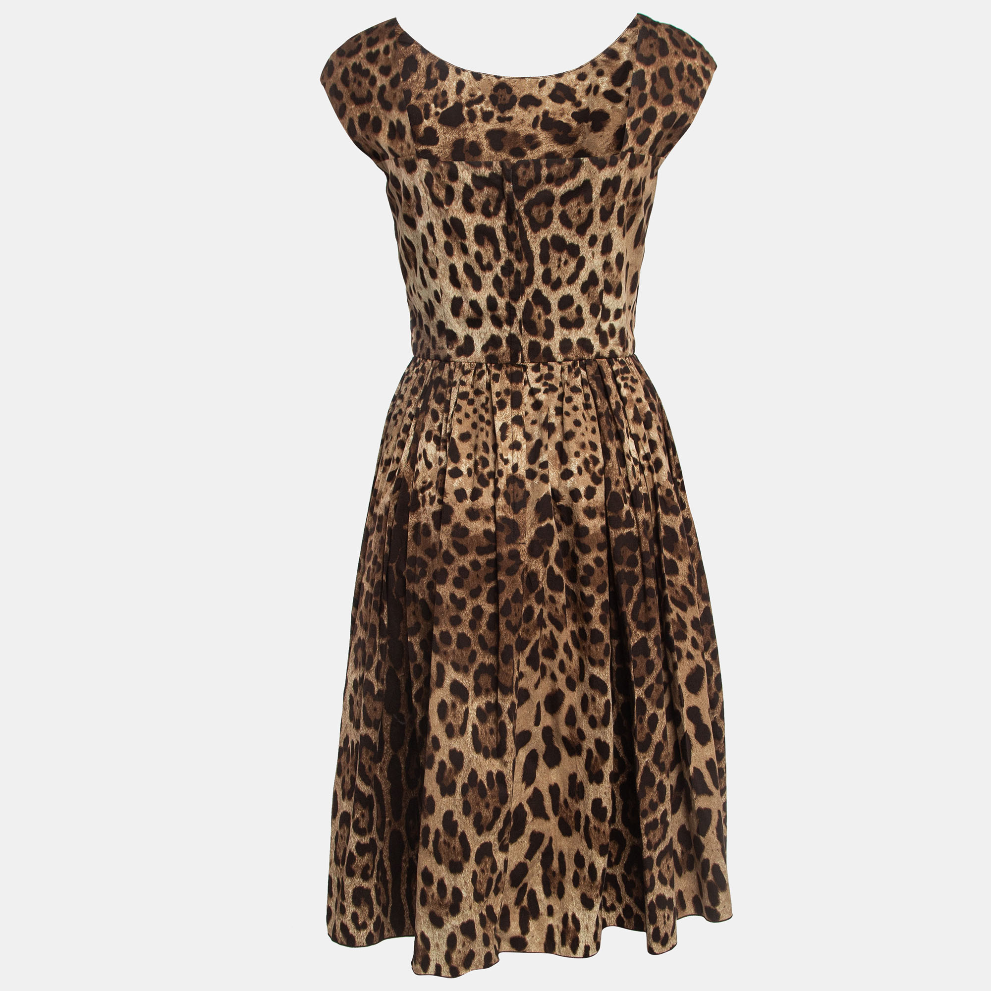 

Dolce & Gabbana Brown Leopard Print Cotton Gathered Midi Dress