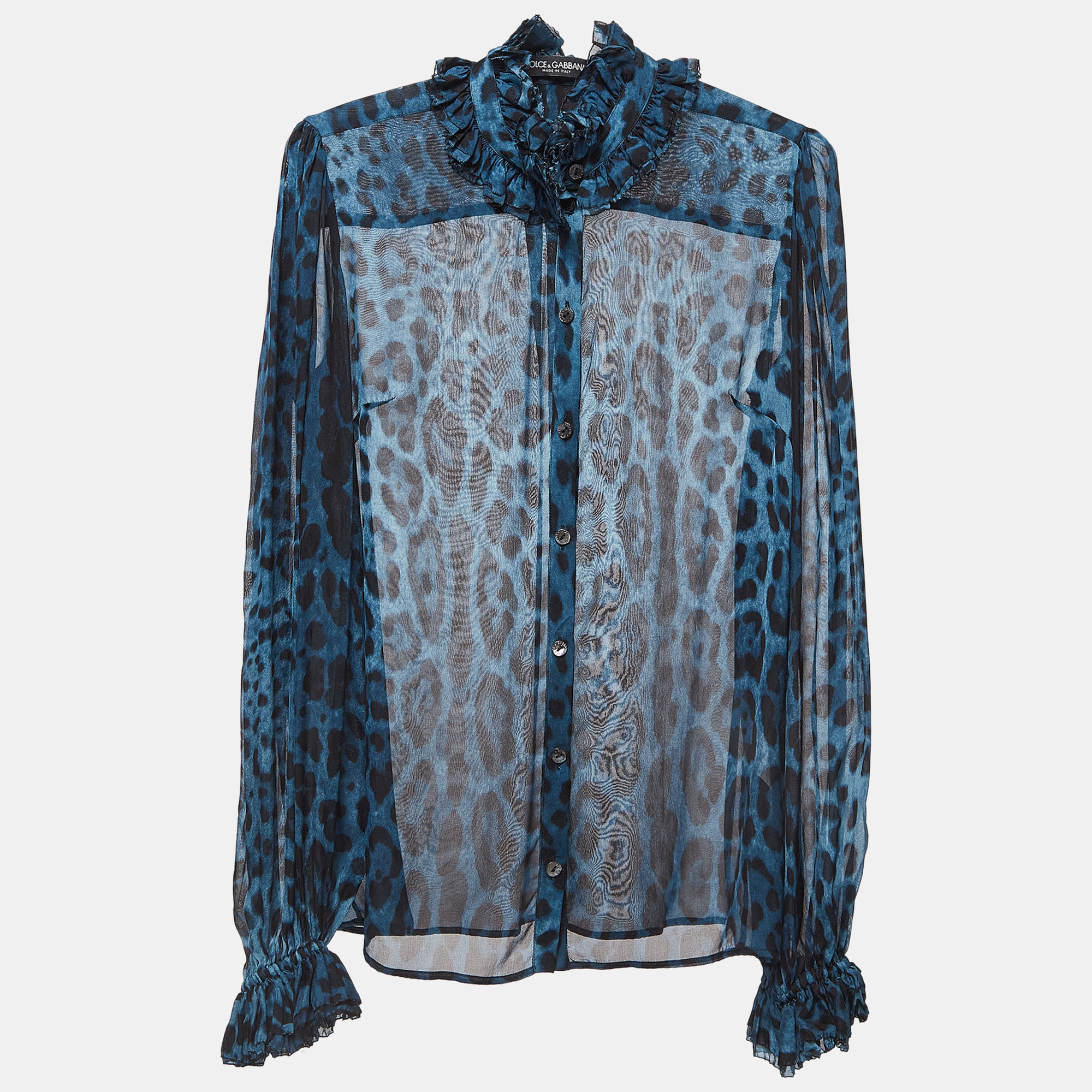 

Dolce & Gabbana Blue Leopard Print Silk Ruffled Semi Sheer Shirt