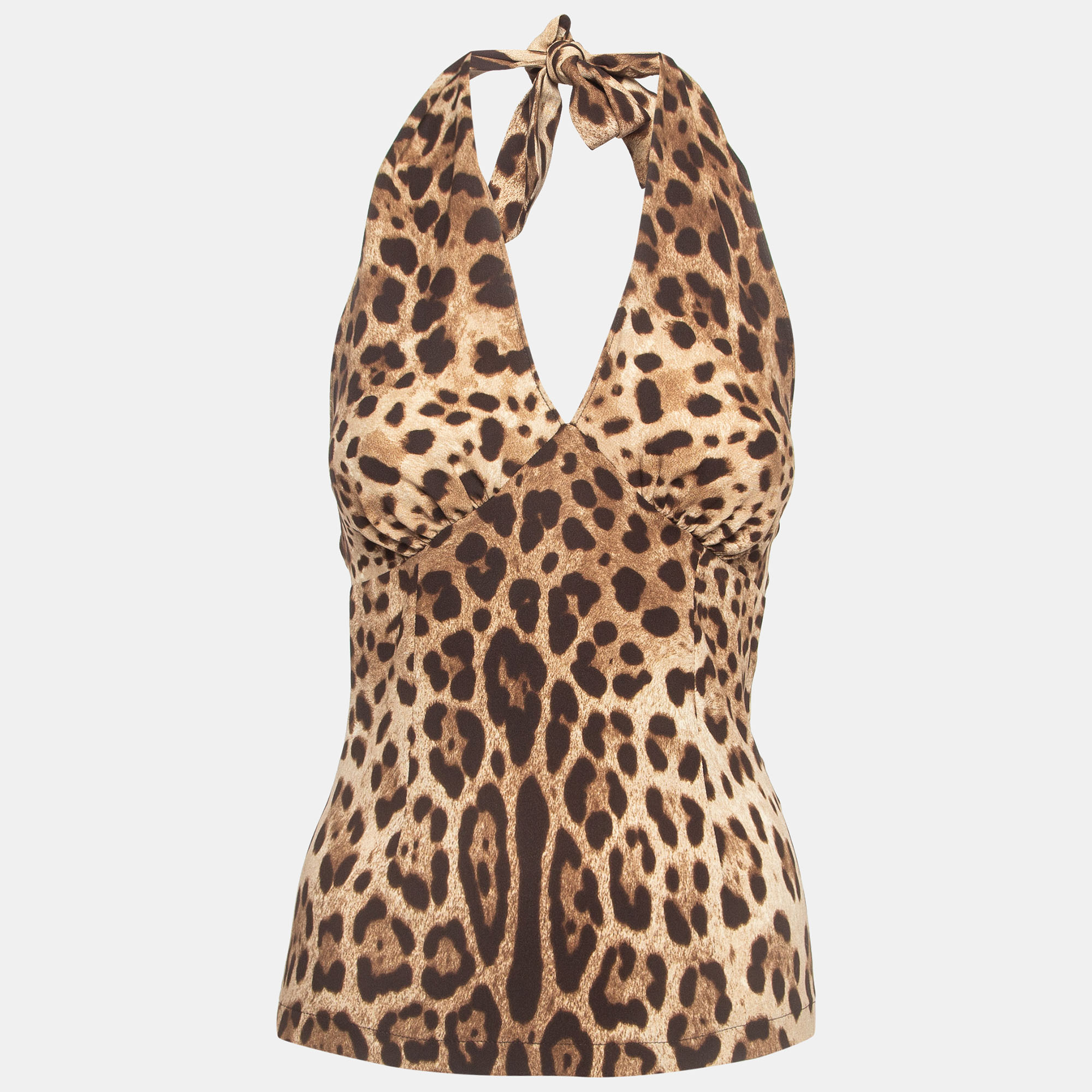 

Dolce & Gabbana Brown Leopard Print Silk Tie-Up Halter Neck Top