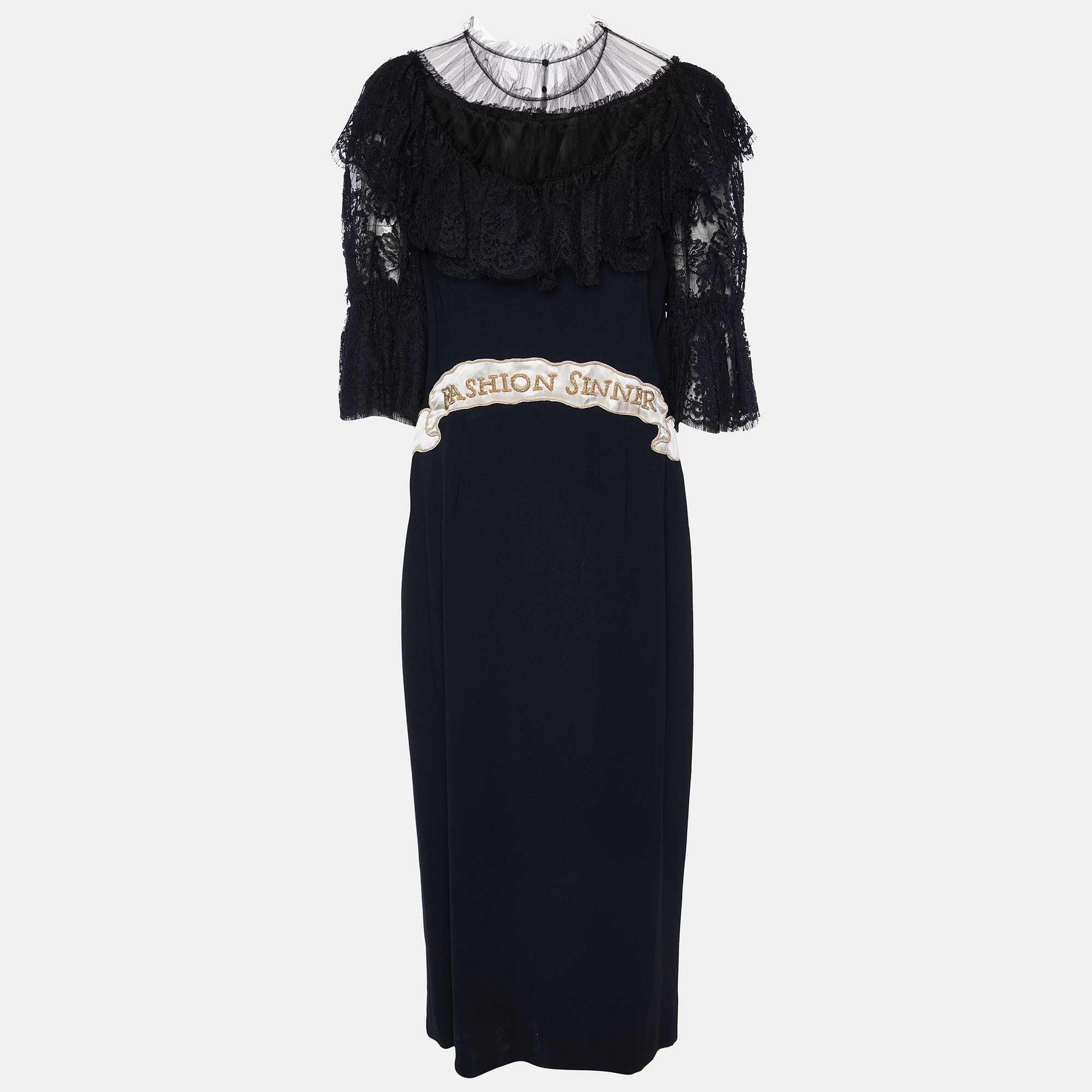 Pre-owned Dolce & Gabbana Black Crepe & Lace Fashion Sinner Embellished Midi Dress L