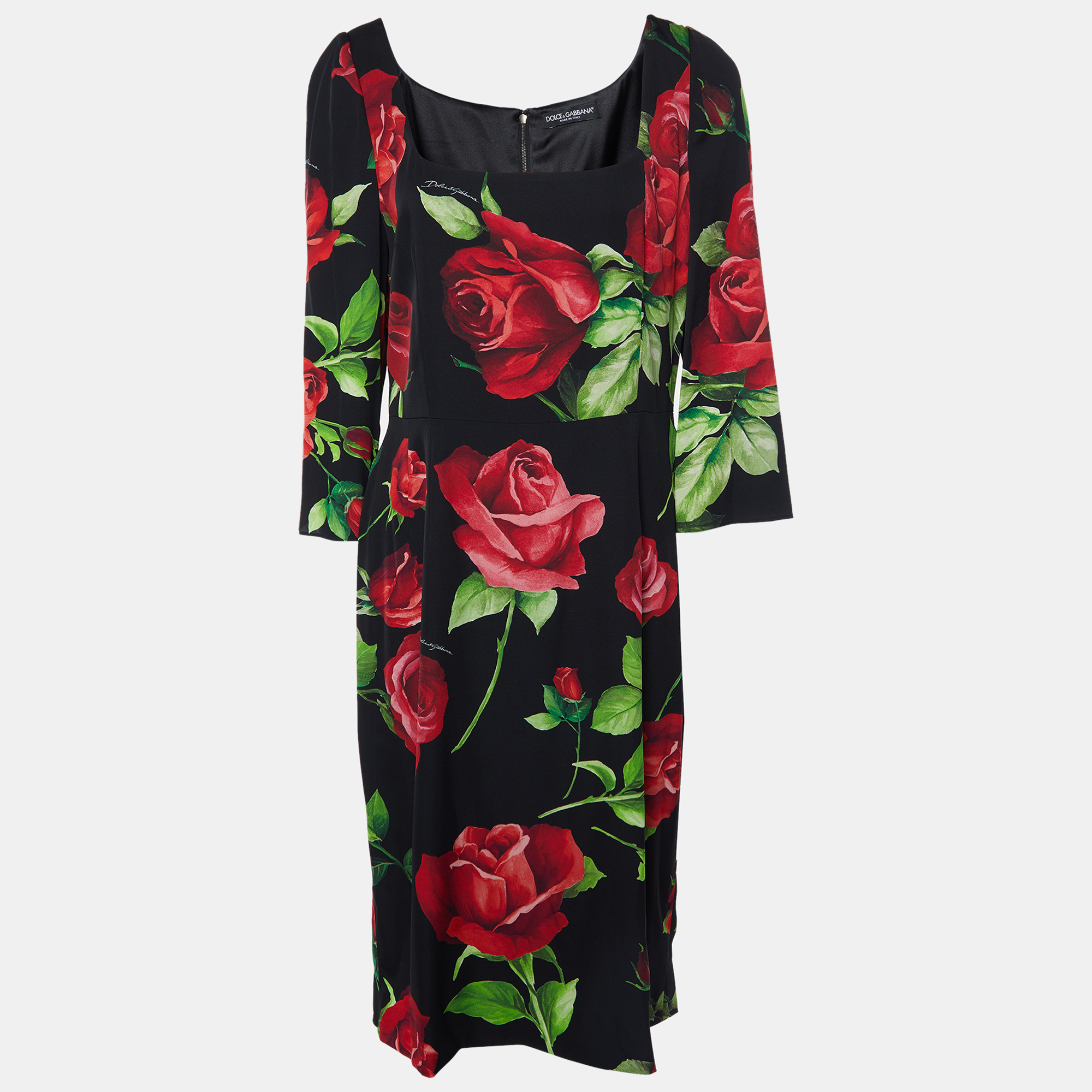 Pre-owned Dolce & Gabbana Black Rose Print Silk Sheath Dress Xl