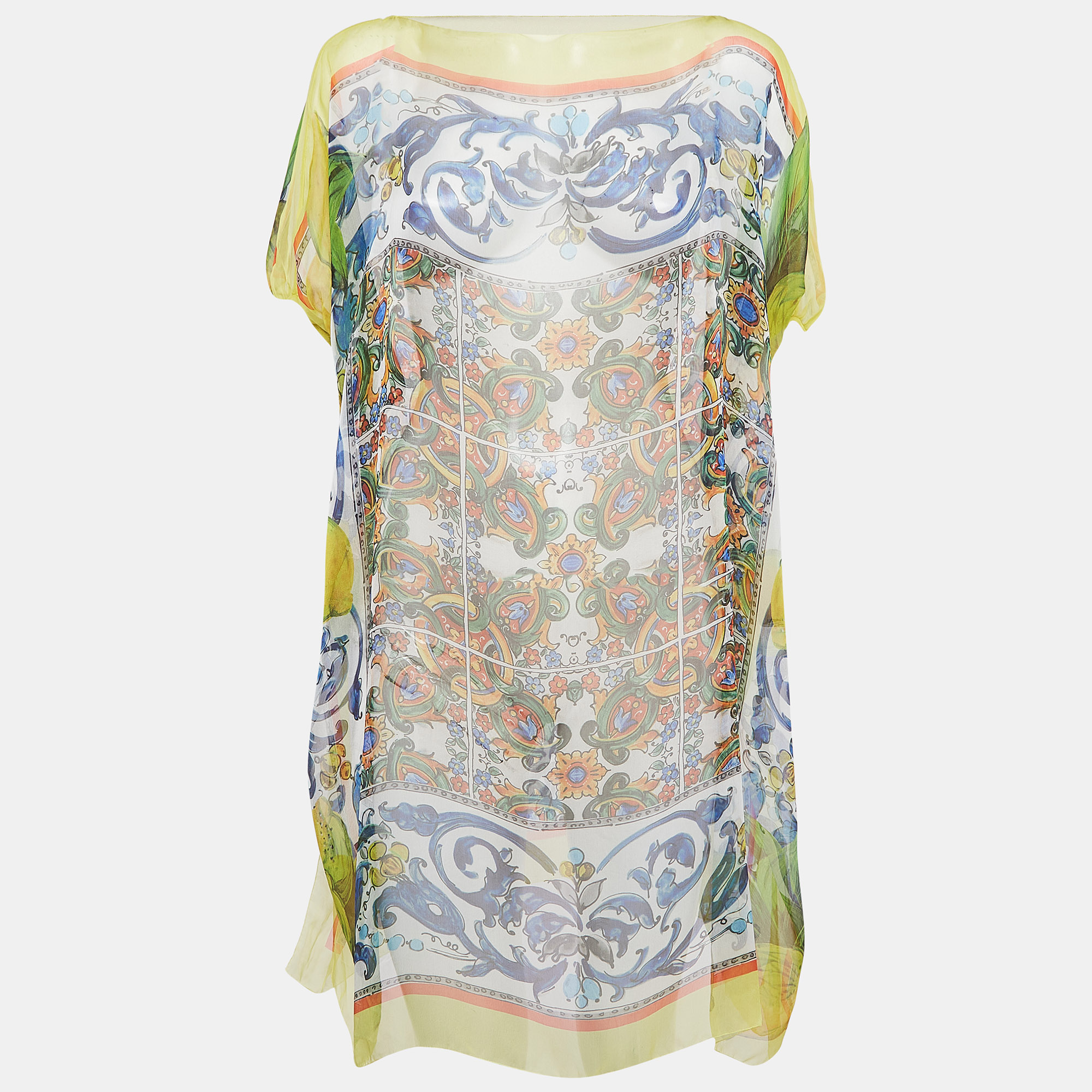 

Dolce & Gabbana Multicolor Majolica Print Silk Semi Sheer Cover Up Kaftan Dress S