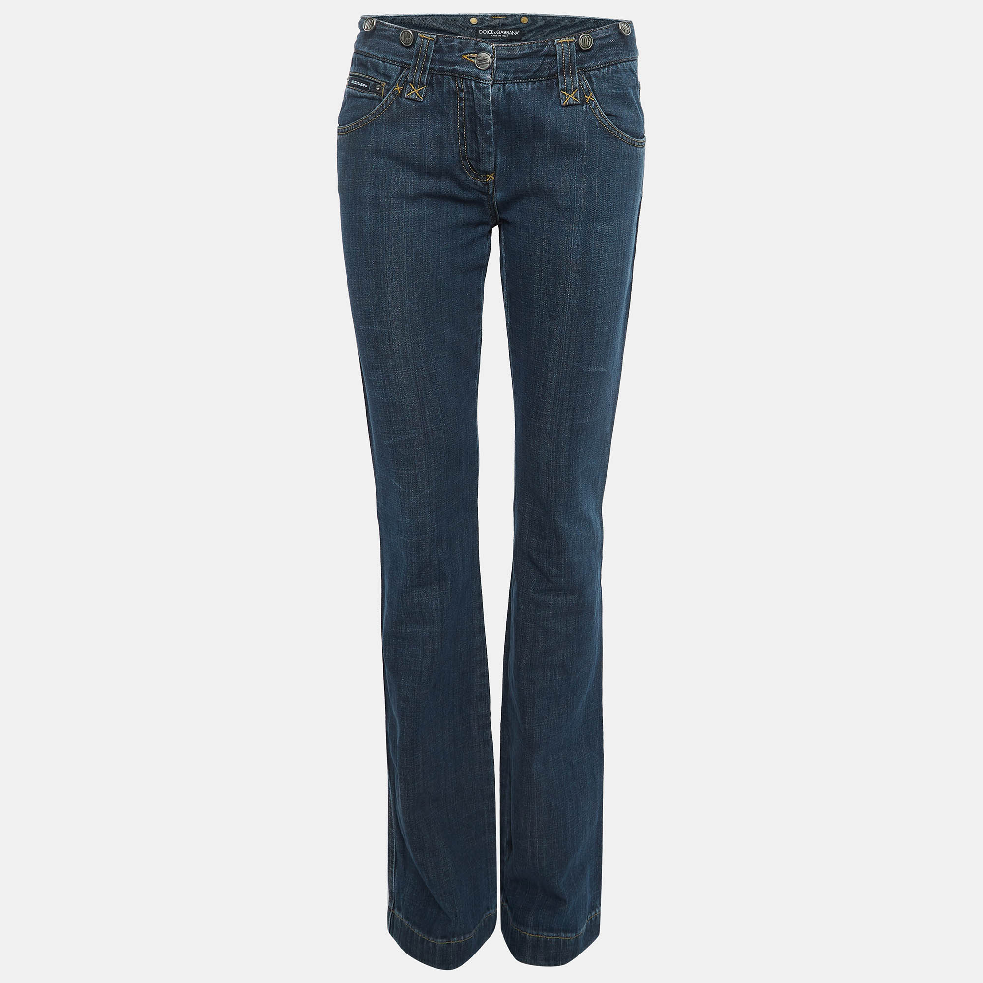 

Dolce & Gabbana Blue Logo Leather Trim Denim Straight Leg Jeans  Waist 30, Navy blue