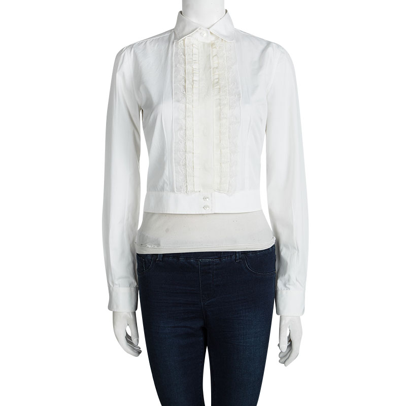 

Dolce and Gabbana Off White Lace Frill Detail Long Sleeve Cropped Shirt