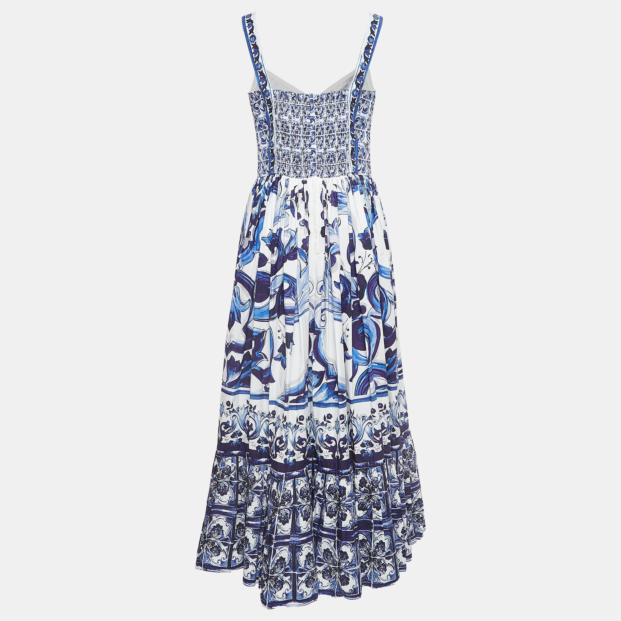 

Dolce & Gabbana White/Blue Majolica Printed Cotton Maxi Dress