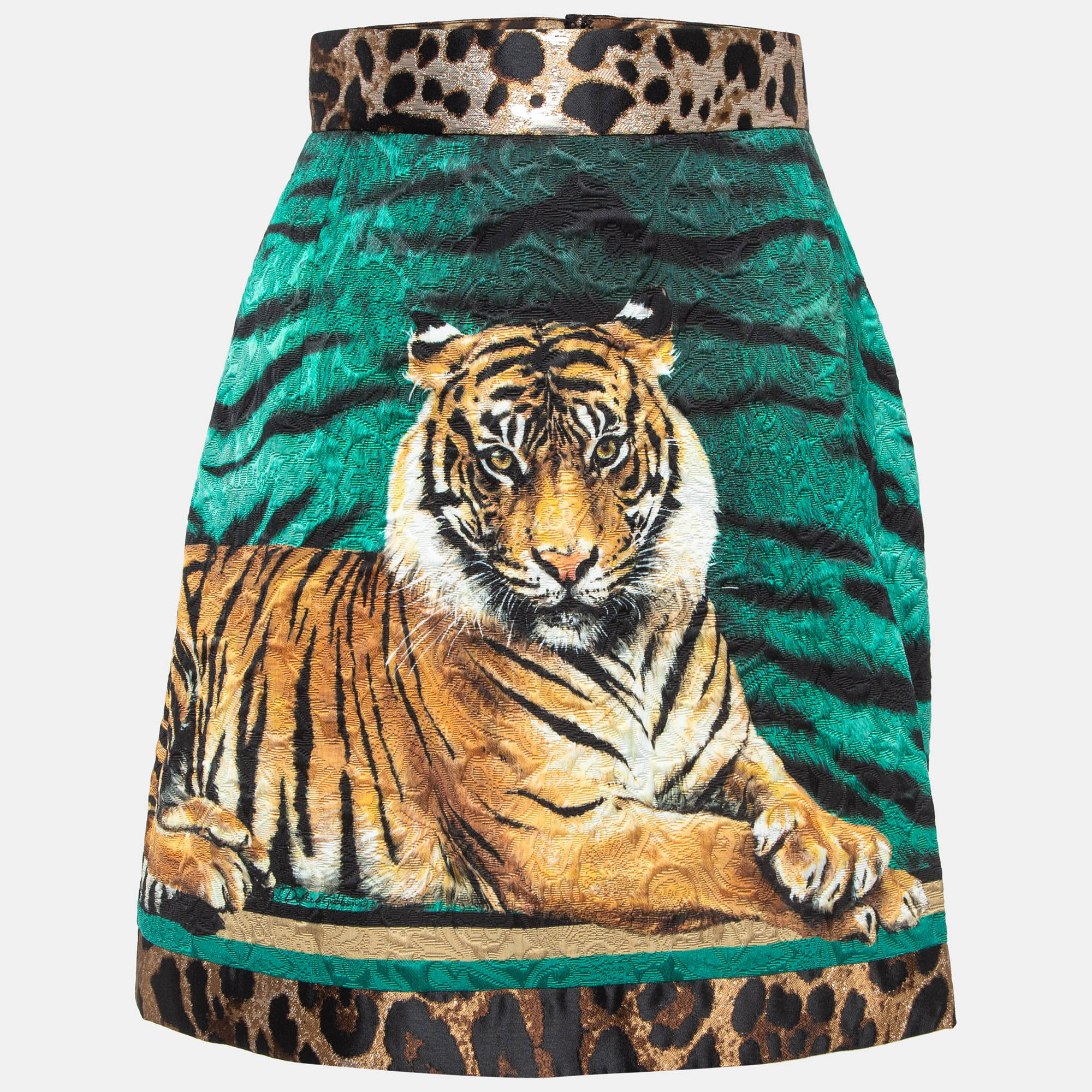 

Dolce & Gabbana Green Tiger Print Jacquard A-Line Mini Skirt