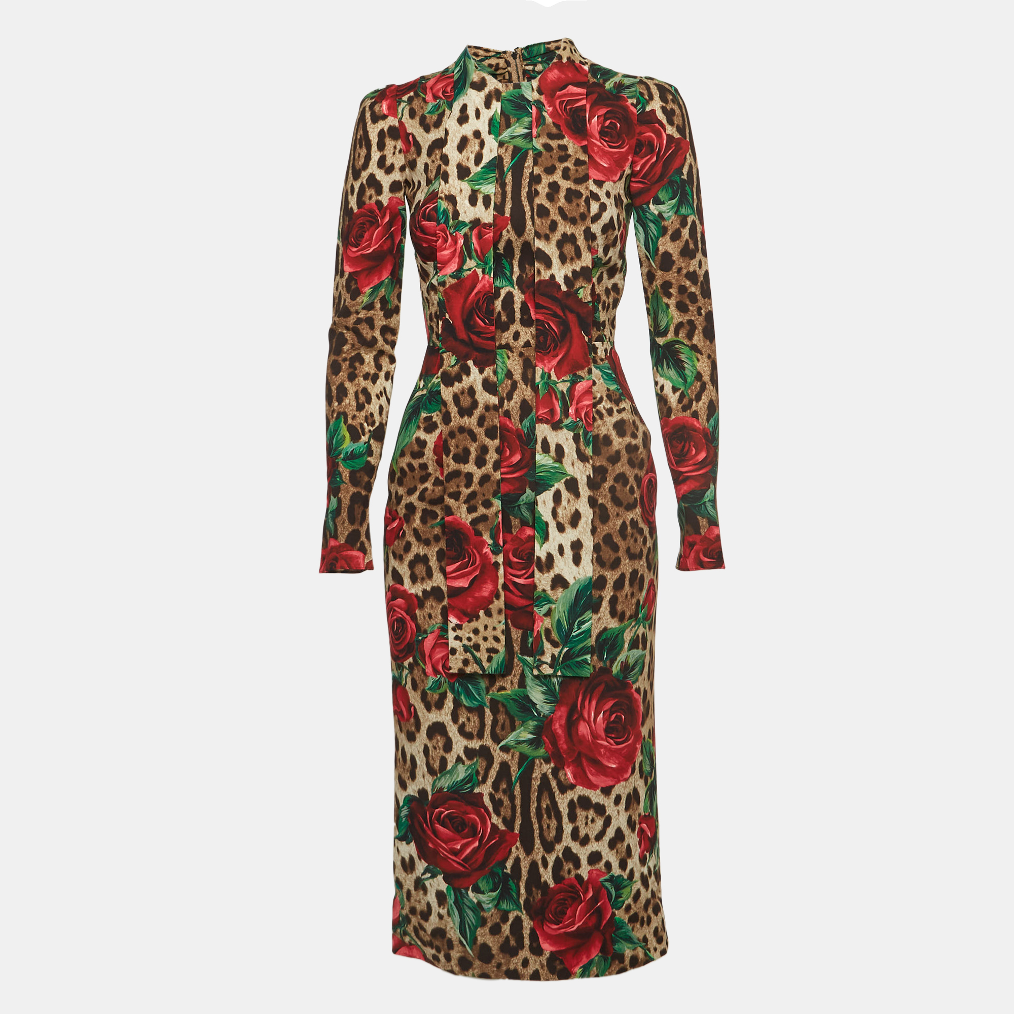 Pre-owned Dolce & Gabbana Brown Rose And Leopard Print Silk Charmeuse Midi Dress S