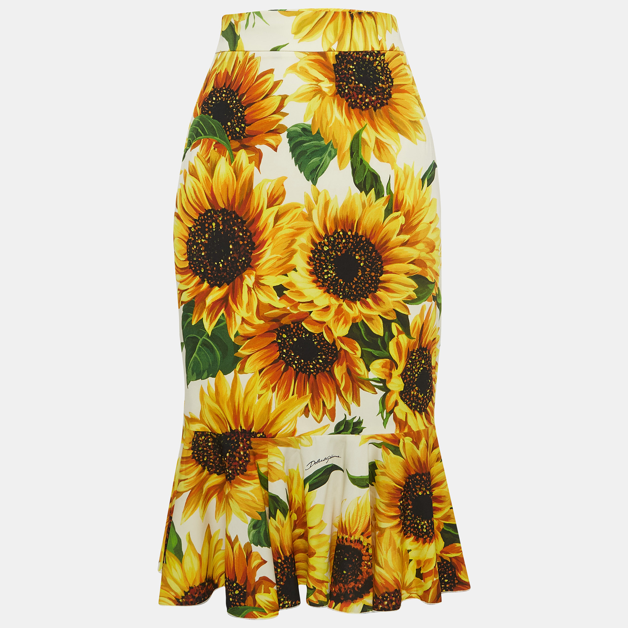 

Dolce & Gabbana Yellow Sunflower Print Silk High Rise Midi Skirt S