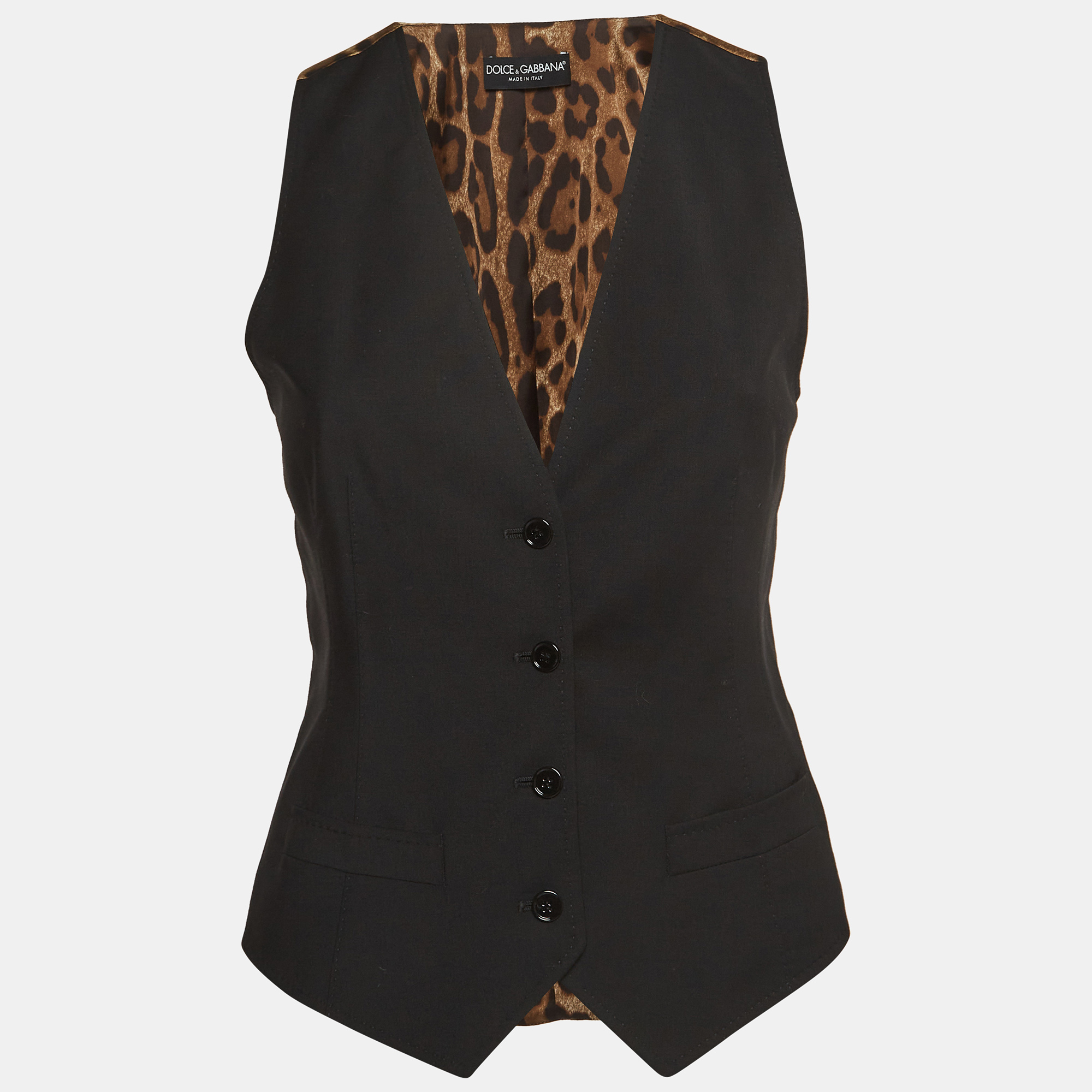 Dolce & Gabbana Black Leopard Print Cotton and Satin Vest S