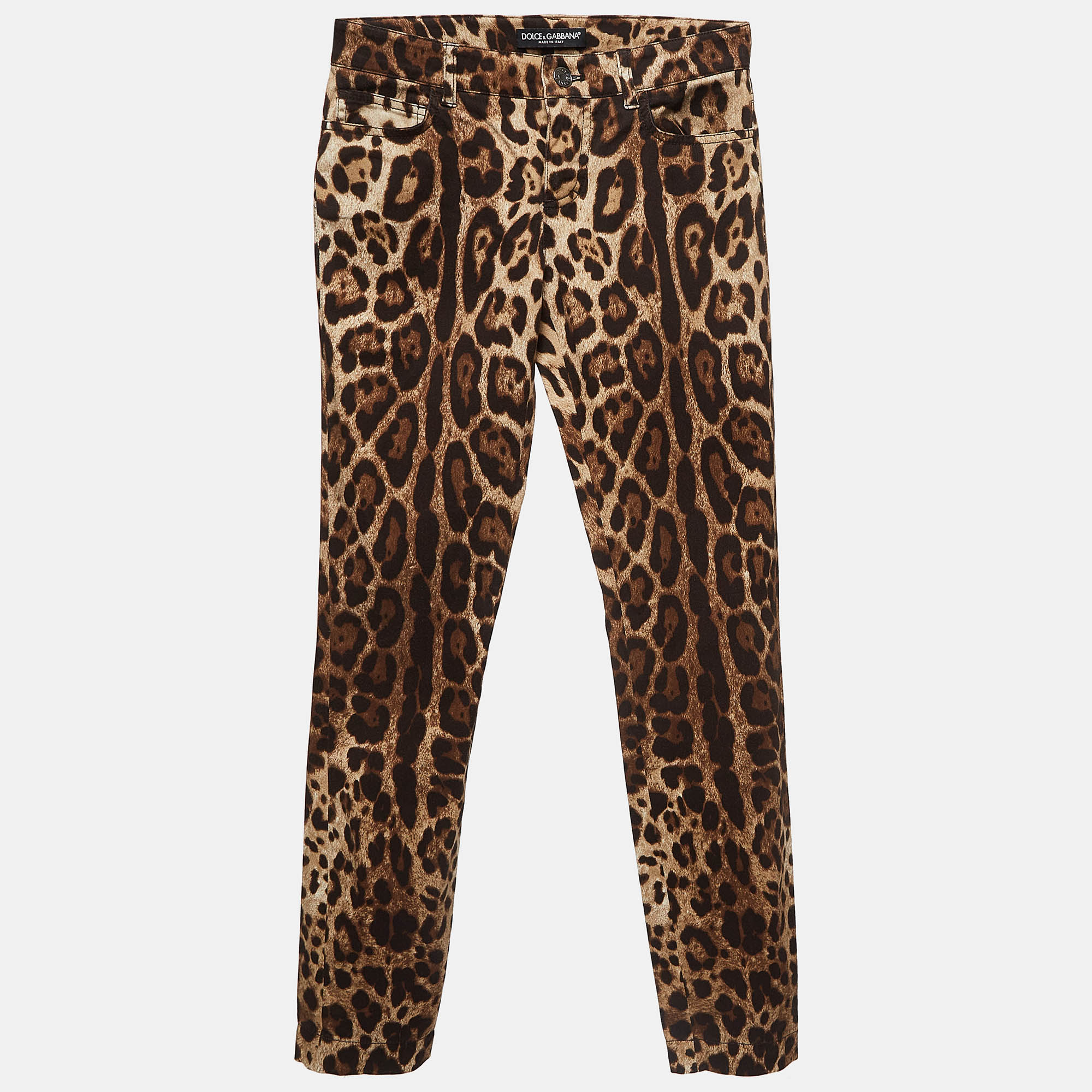 Pre-owned Dolce & Gabbana Brown Leopard Print Cotton Skinny Trousers Xs