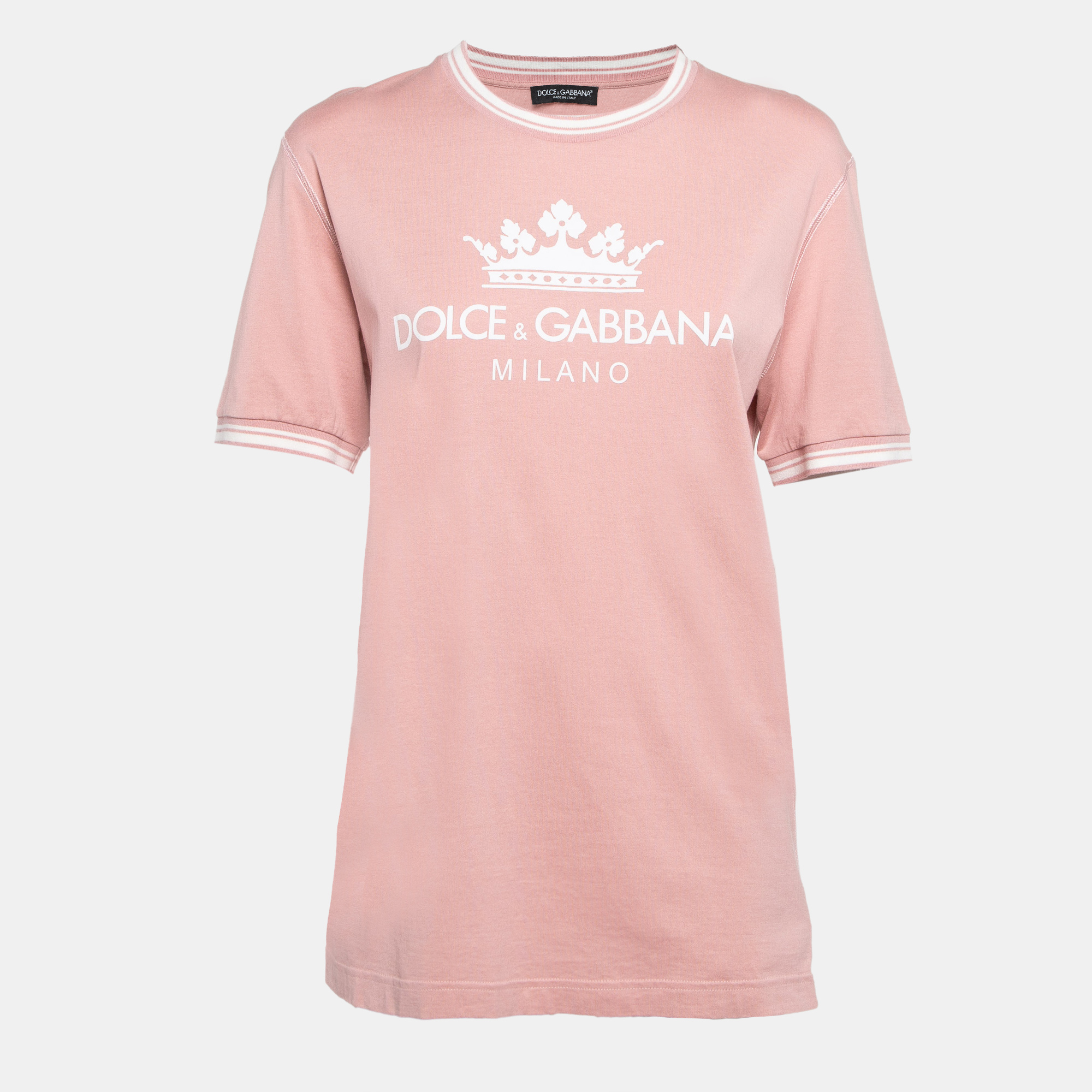 

Dolce & Gabbana Pink Crown Print Cotton Knit Crew Neck T-Shirt