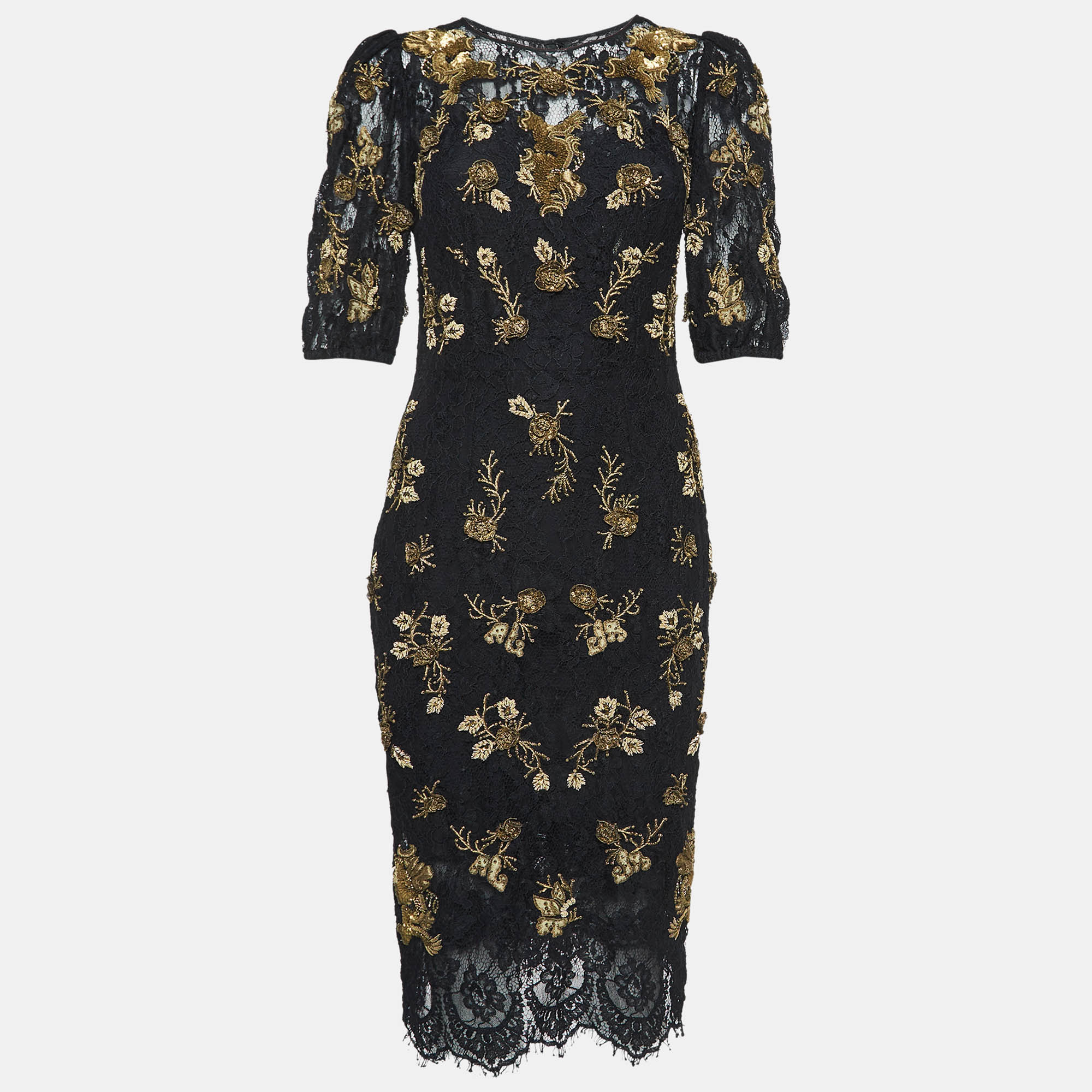 Pre-owned Dolce & Gabbana Black/gold Sequin Embroidered Lace Mini Dress S