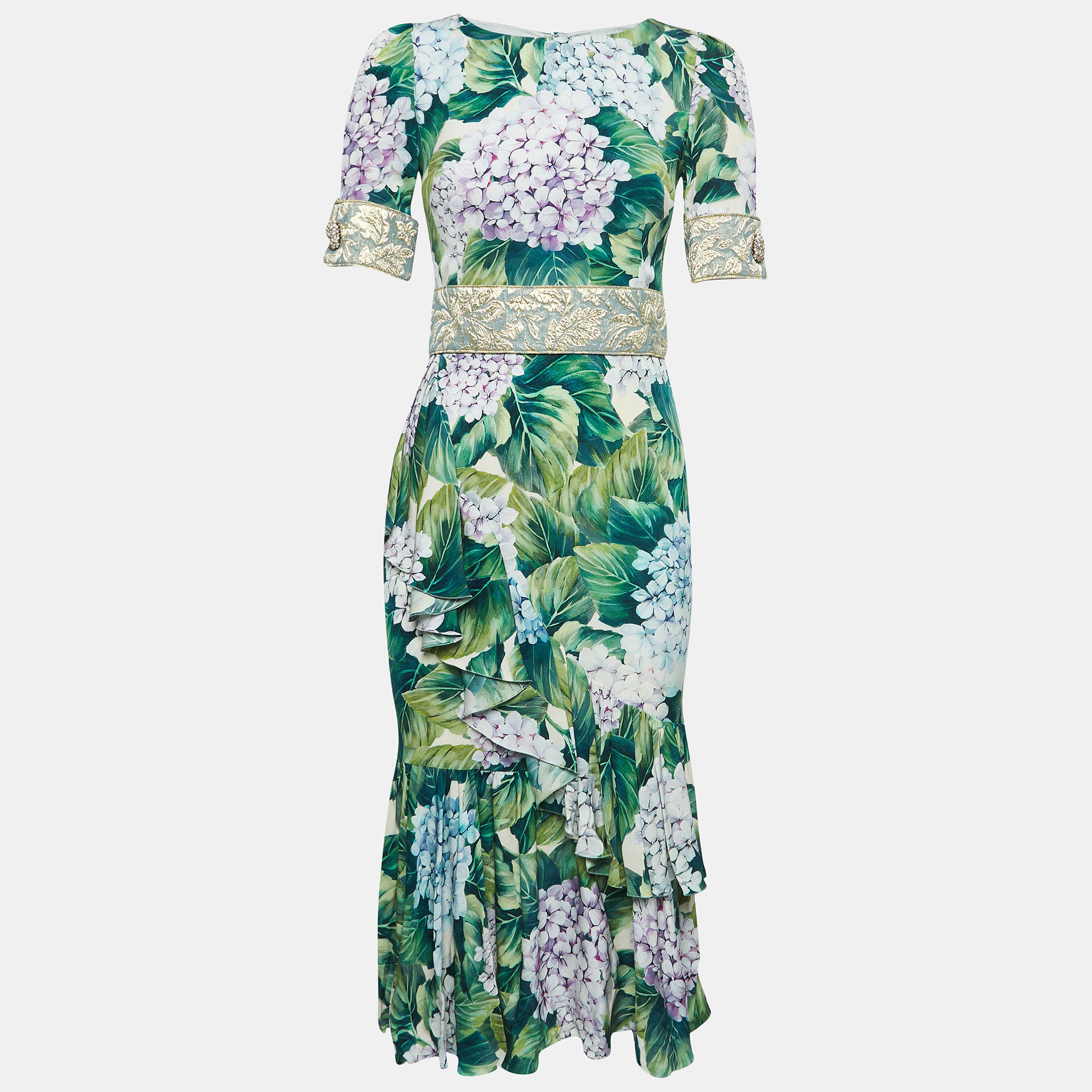 

Dolce & Gabbana Green Hydrangea Printed Silk Ruffled Midi Dress