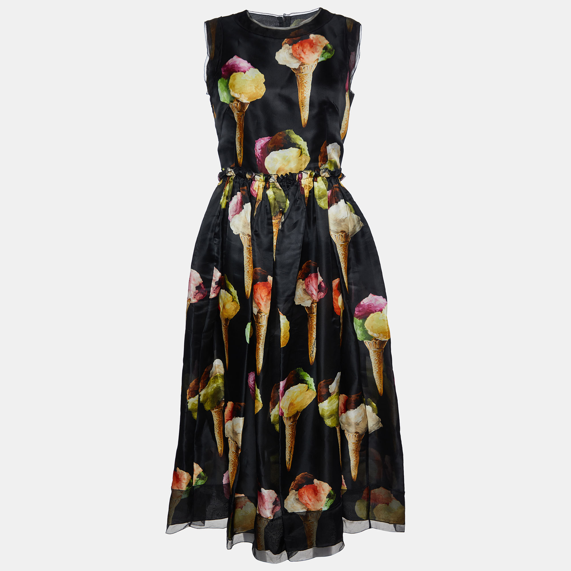 

Dolce & Gabbana Black Gelato Print Silk Organza Midi Dress