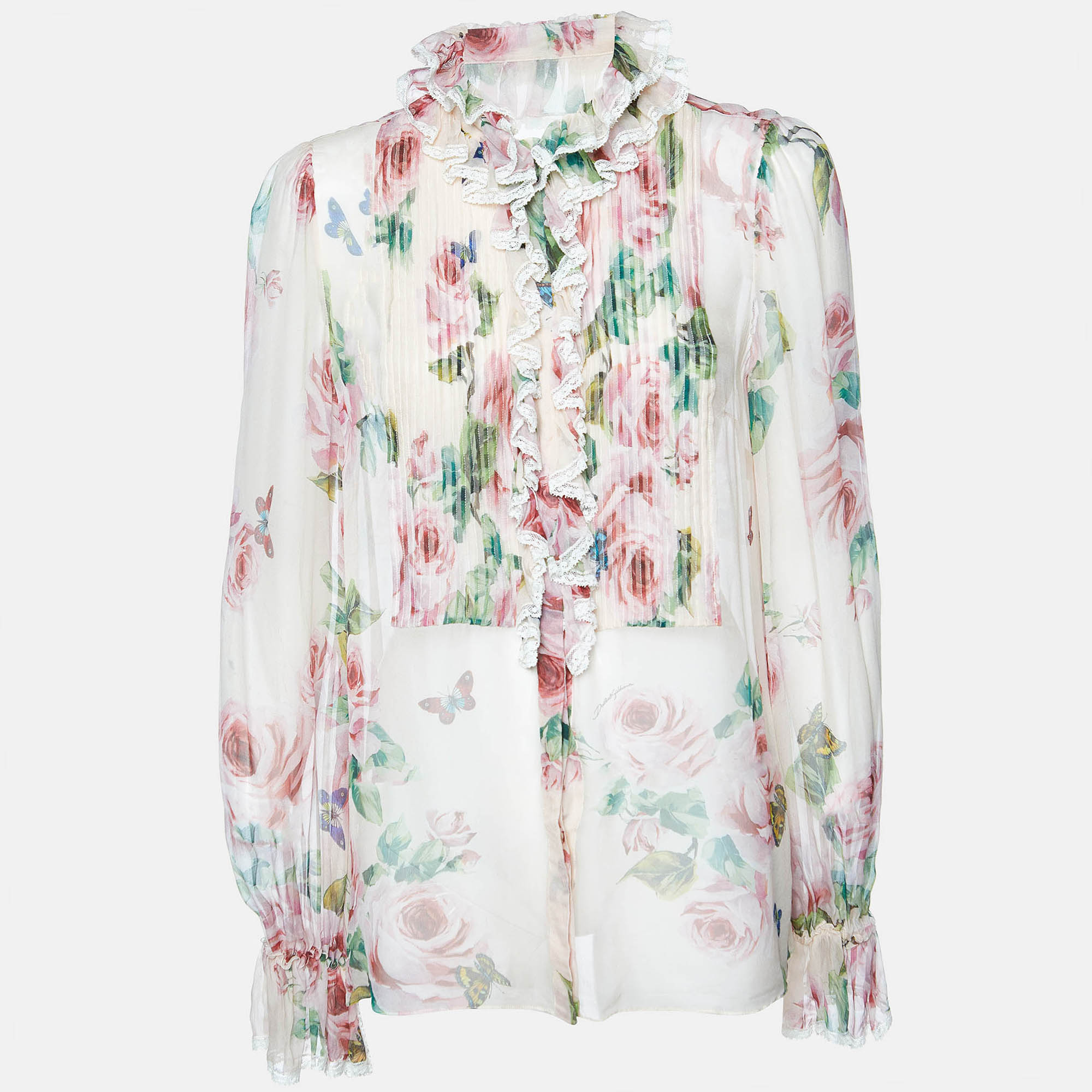 

Dolce & Gabbana Pink Floral Print Silk Sheer Blouse M