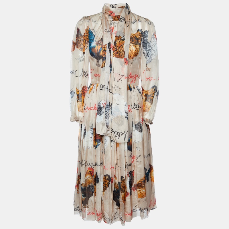 

Dolce & Gabbana Beige Hen Print Silk Midi Dress