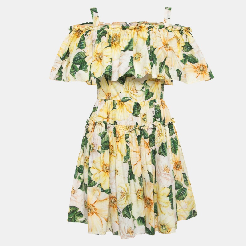 Pre-owned Dolce & Gabbana Yellow Floral Print Poplin Tiered Mini Dress M