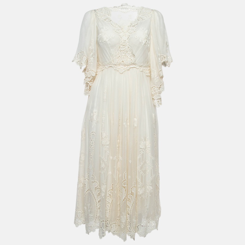 Pre-owned Dolce & Gabbana Ivory White Lace And Silk Flared Sleeve Midi Dress L