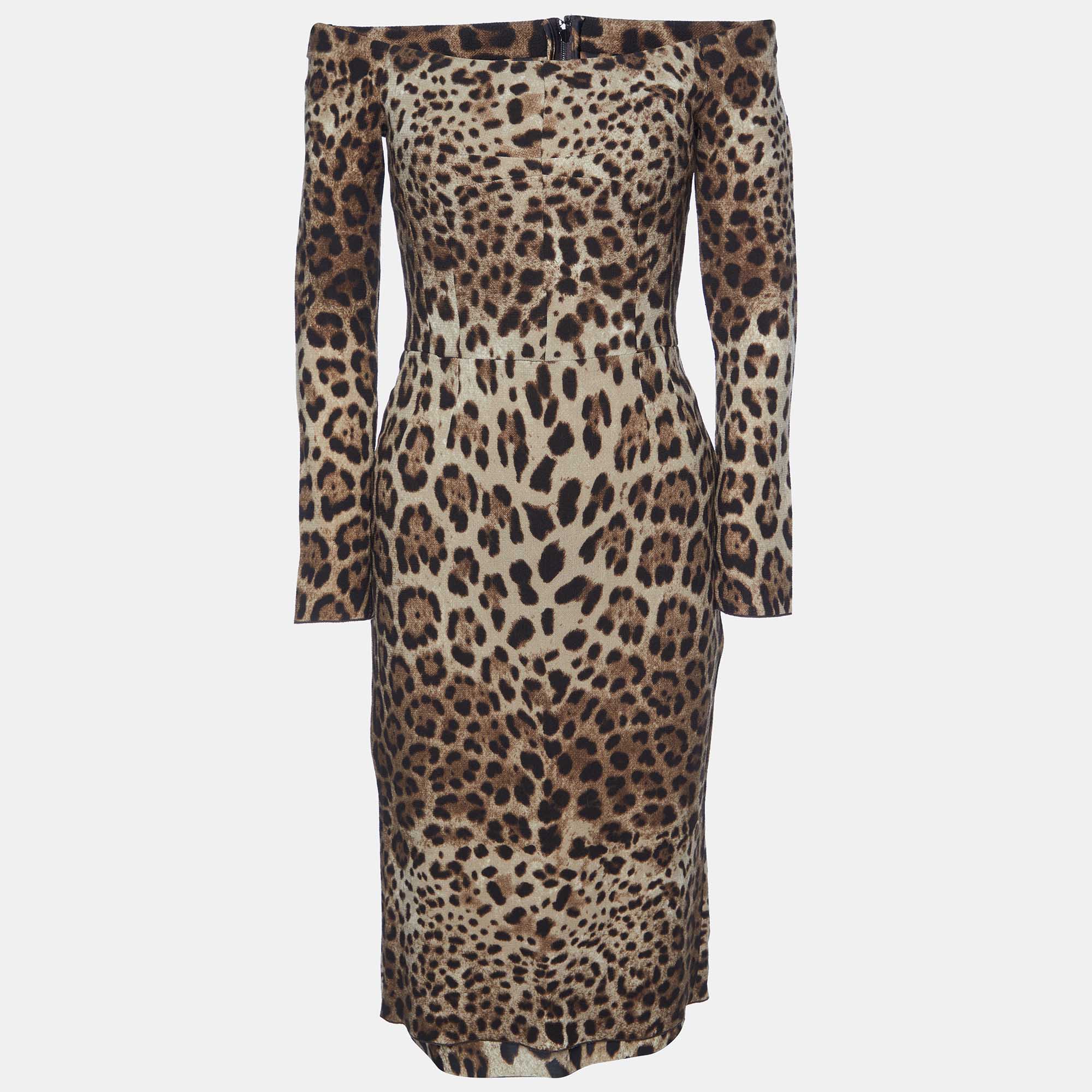 

Dolce & Gabbana Brown Leopard Print Wool Off The Shoulder Dress S